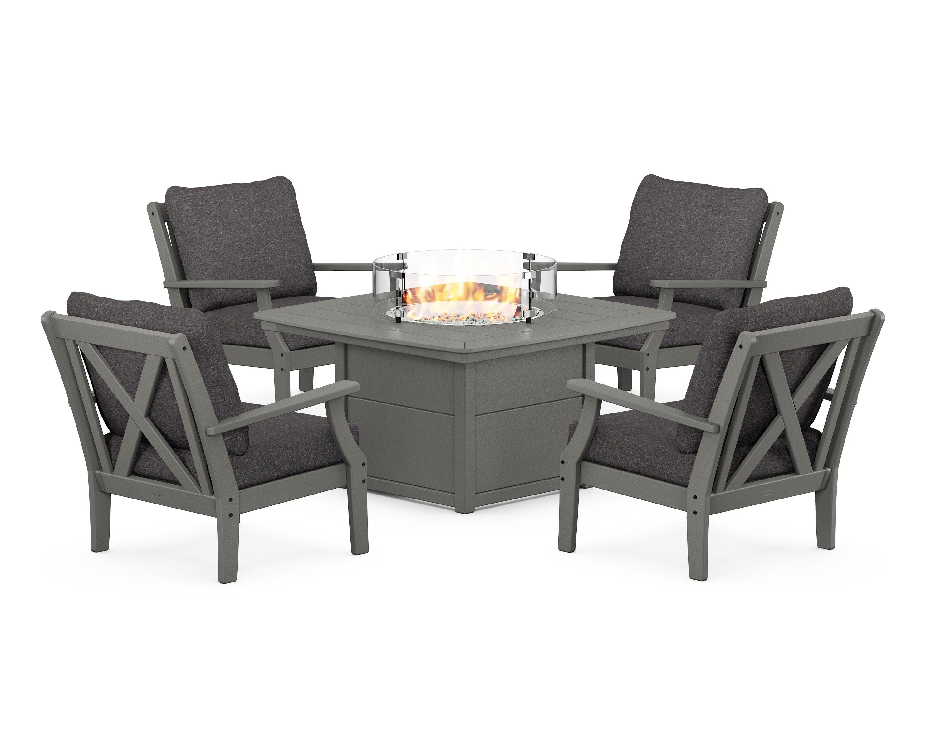 POLYWOOD Braxton 5-Piece Deep Seating Conversation Set with Fire Pit Table in Slate Grey / Ash Charcoal