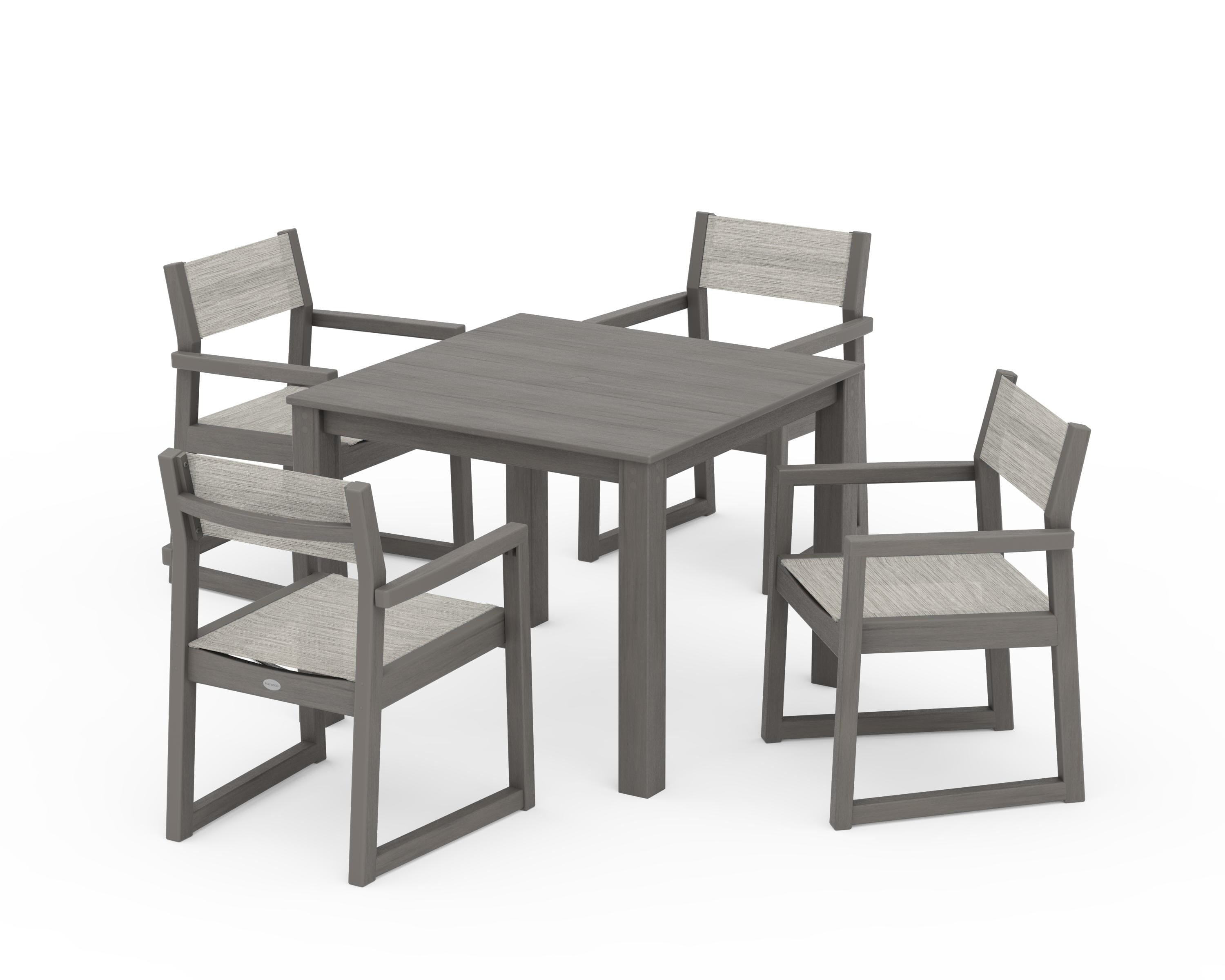 POLYWOOD EDGE Sling Arm Chair 5-Piece Parsons Dining Set in Driftwood / Birch Sling