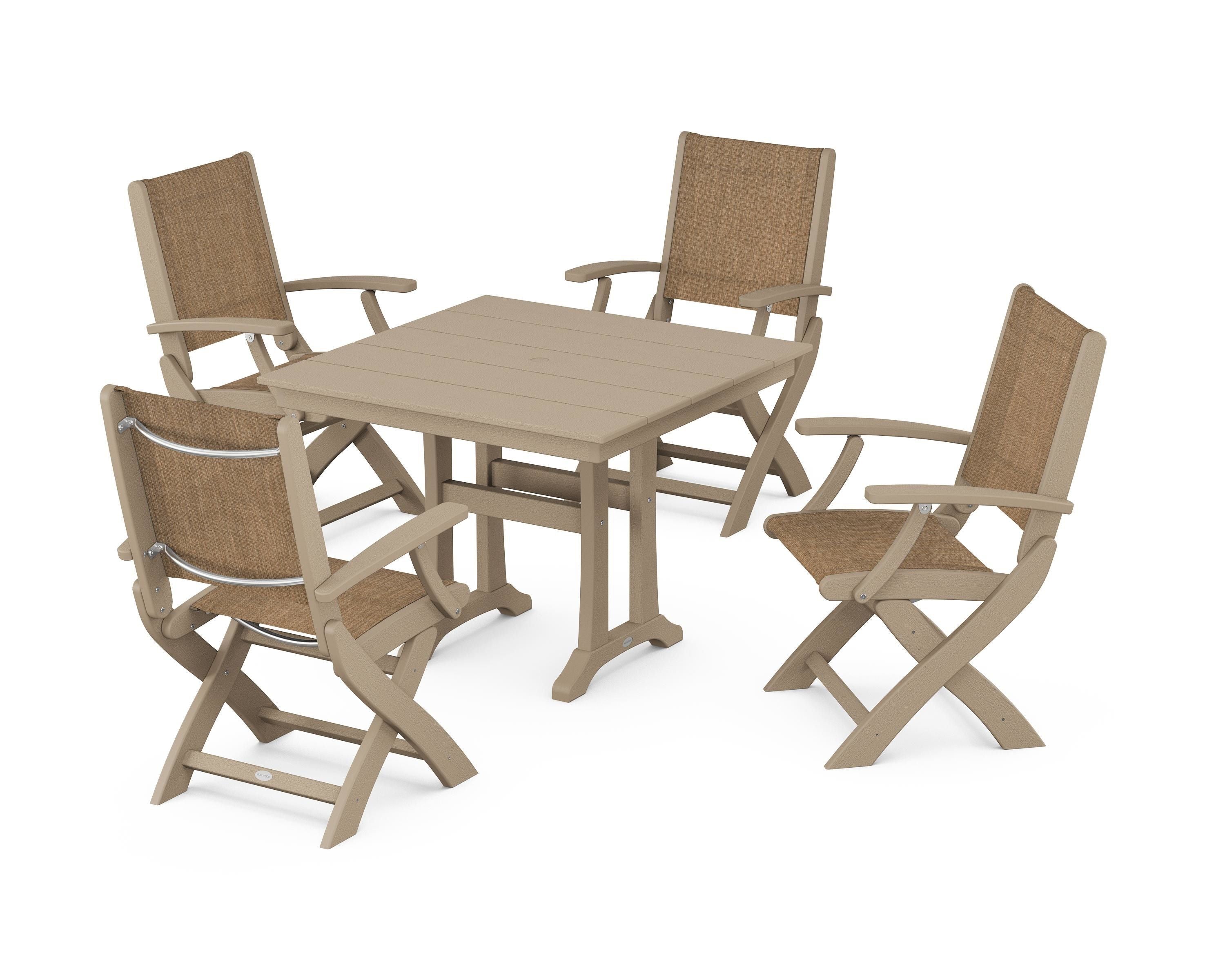 POLYWOOD Coastal Folding Chair 5-Piece Farmhouse Dining Set With Trestle Legs in Vintage Sahara / Burlap Sling