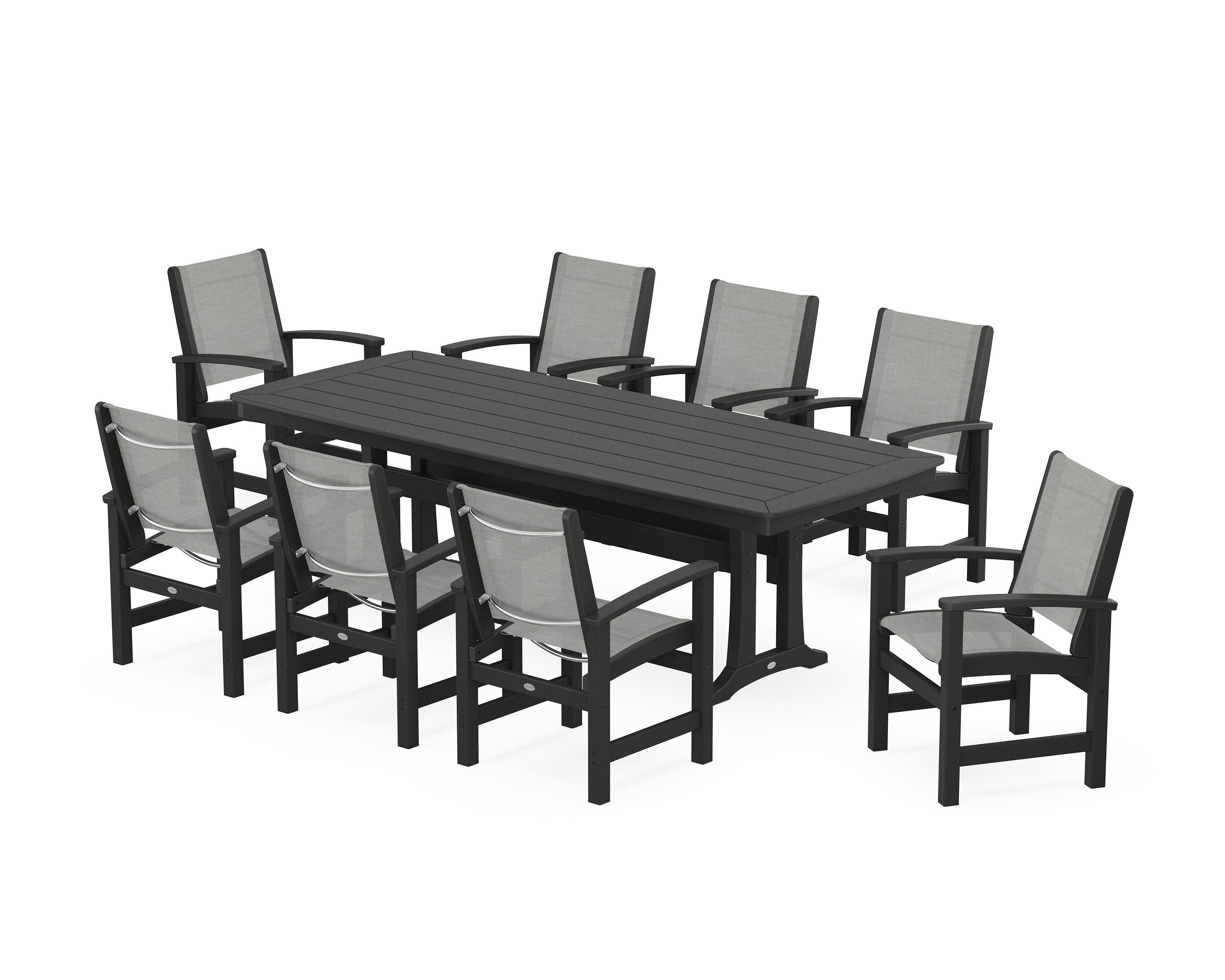 POLYWOOD Coastal 9-Piece Dining Set with Trestle Legs in Black / Metallic Sling