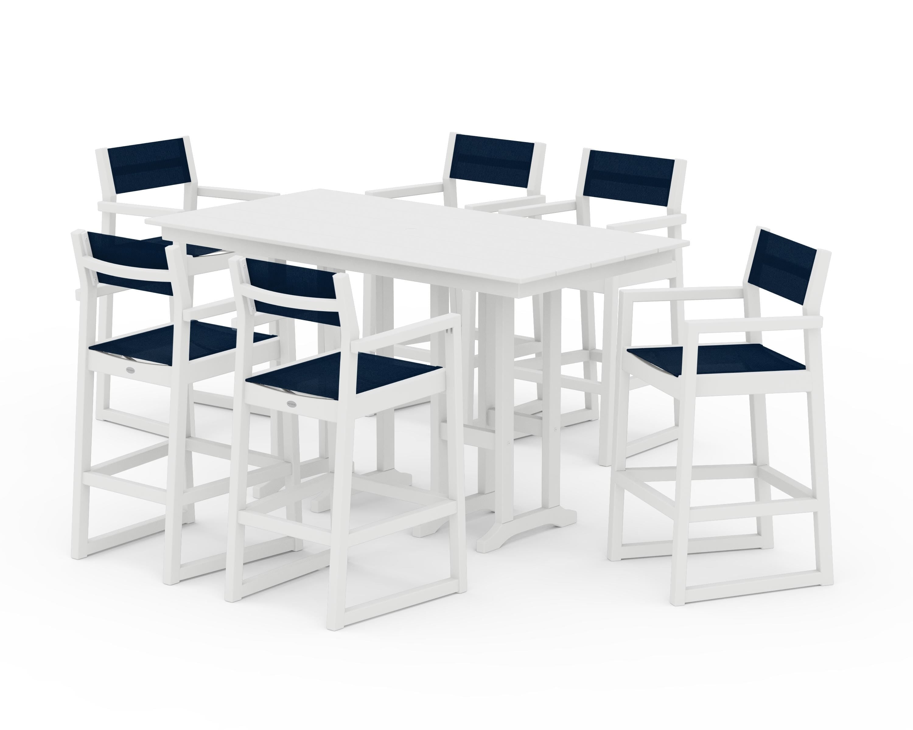 POLYWOOD EDGE Sling Arm Chair 7-Piece Farmhouse Bar Set in White / Navy Blue Sling
