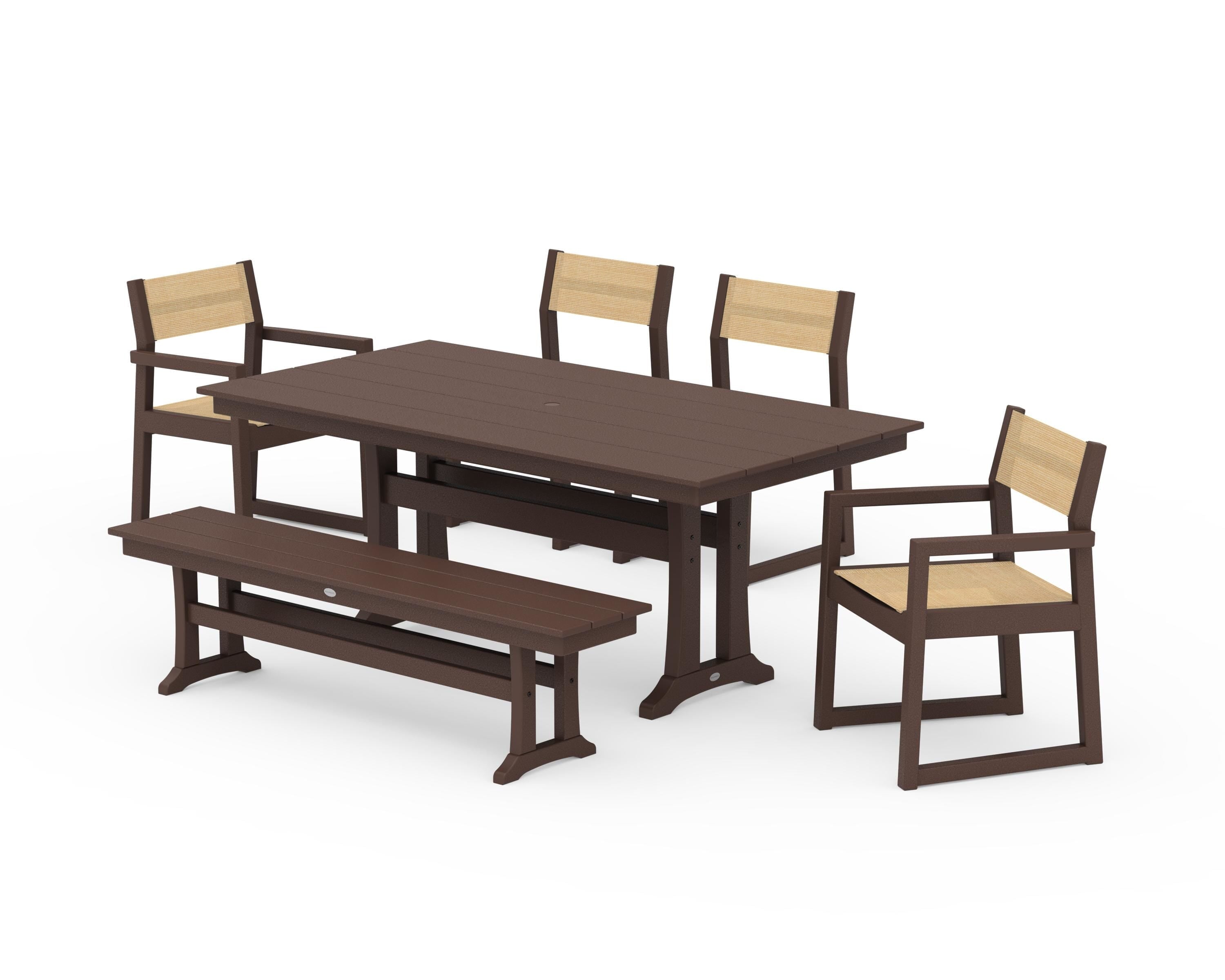 POLYWOOD EDGE Sling 6-Piece Farmhouse Dining Set With Trestle Legs in Mahogany / Dupioni Apricot Sling