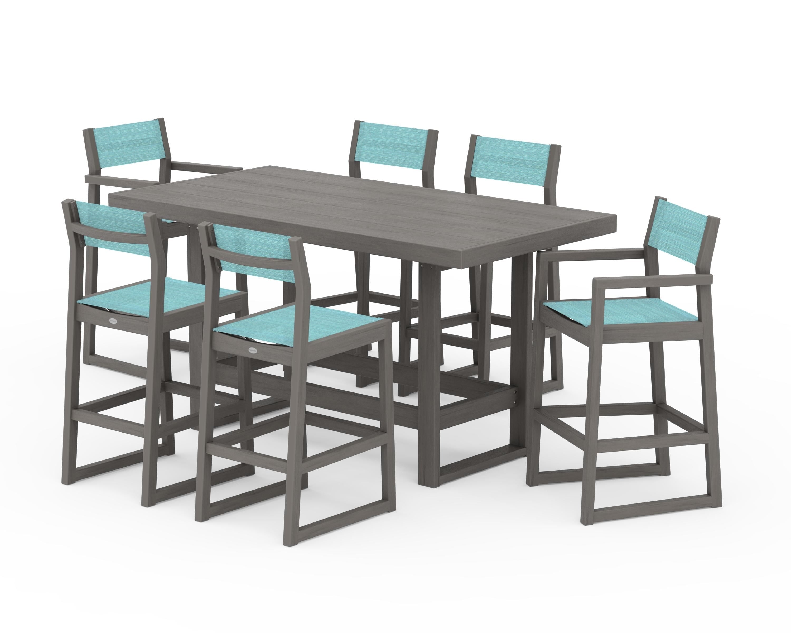 POLYWOOD EDGE Sling 7-Piece Bar Table Set in Driftwood / Dupioni Aquamarine Sling