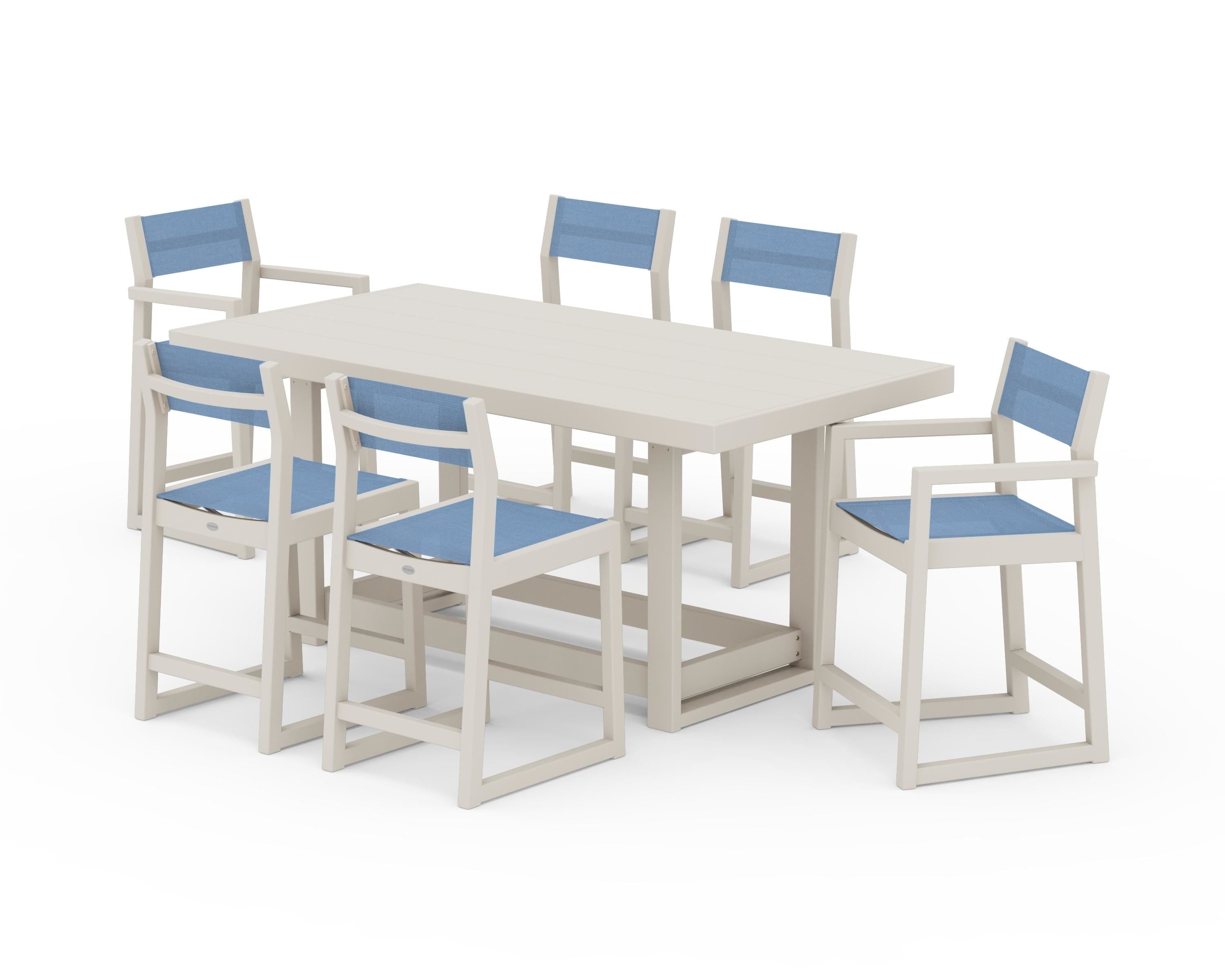 POLYWOOD EDGE Sling 7-Piece Counter Table Set in Sand / Poolside Sling