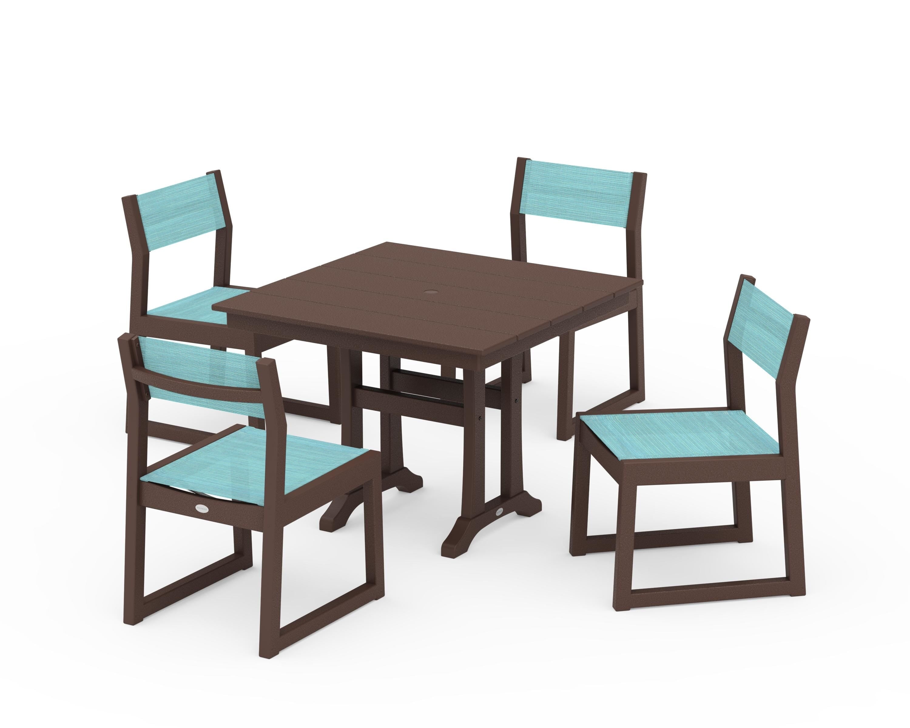 POLYWOOD EDGE Sling 5-Piece Farmhouse Trestle Side Chair Dining Set in Mahogany / Dupioni Aquamarine Sling