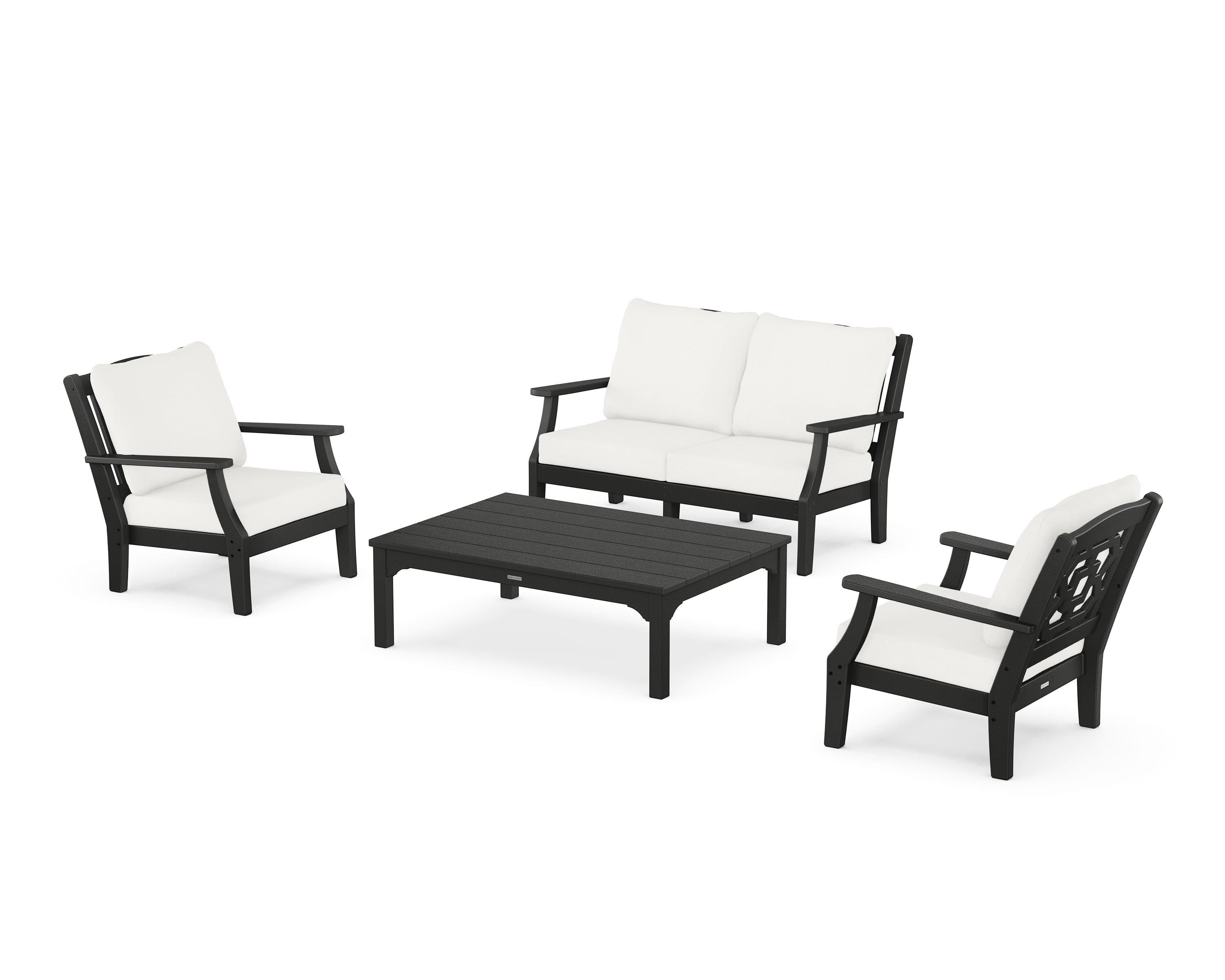 Martha Stewart by POLYWOOD Chinoiserie 4-Piece Deep Seating Set with Loveseat in Black / Natural Linen