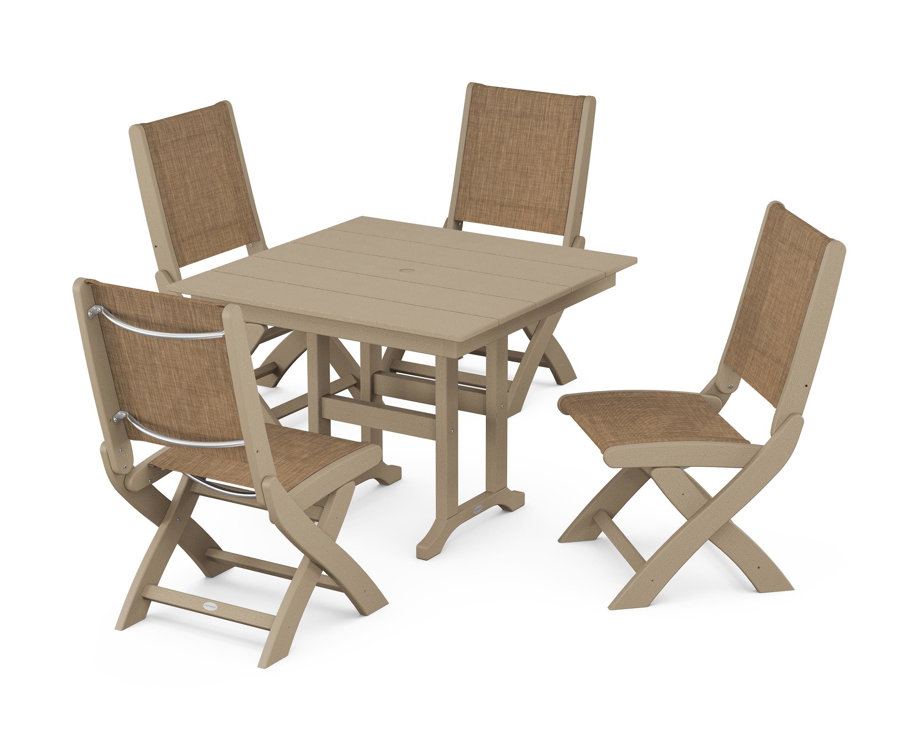 POLYWOOD Coastal Folding Side Chair 5-Piece Farmhouse Dining Set in Vintage Sahara / Burlap Sling
