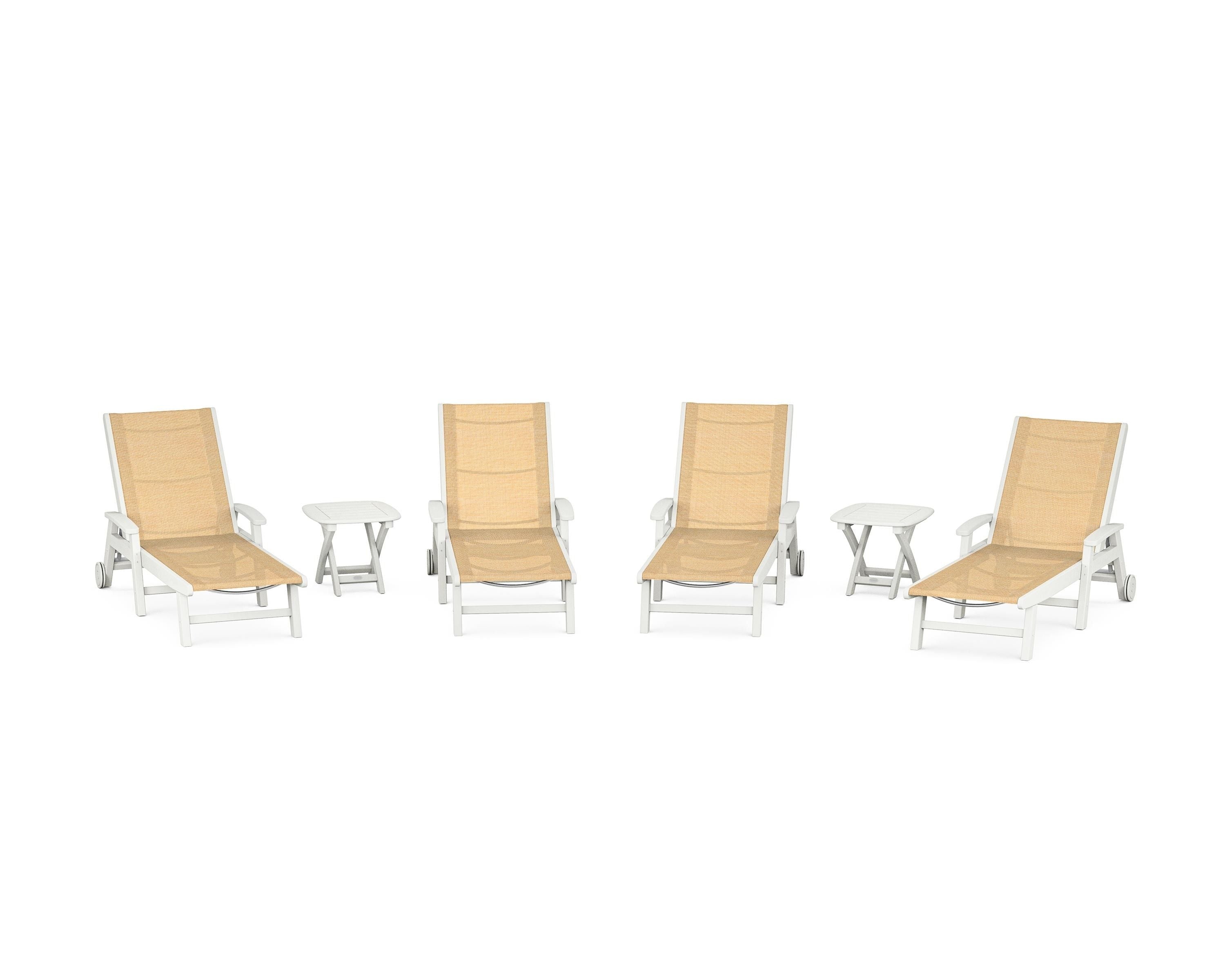 POLYWOOD Coastal Chaise 6-Piece Set with Wheels in Vintage White / Dupioni Apricot Sling