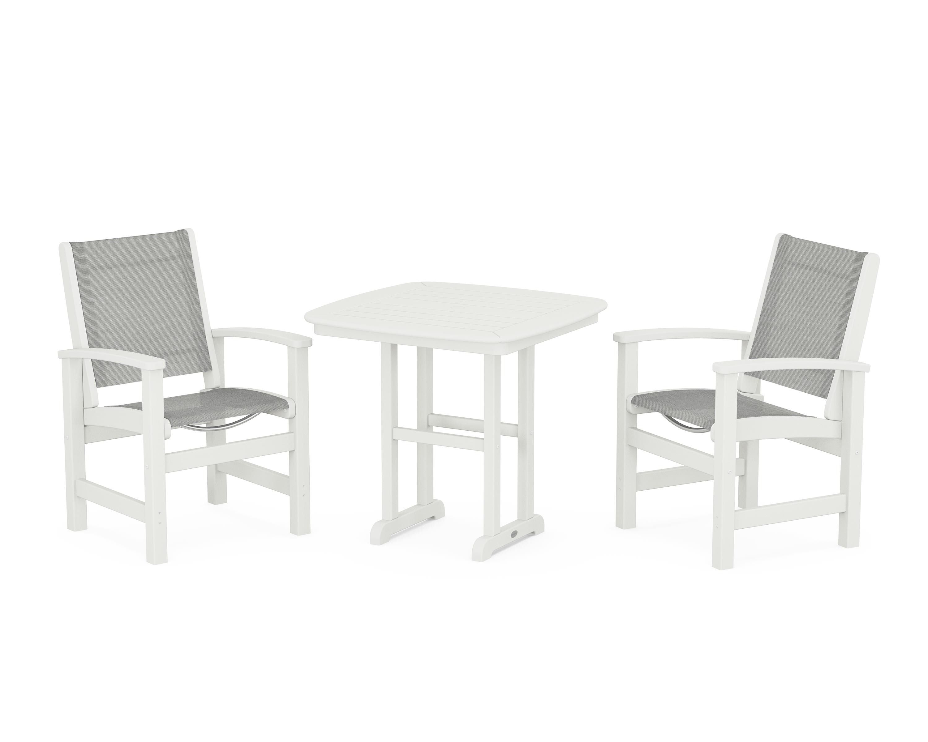 POLYWOOD Coastal 3-Piece Dining Set in Vintage White / Metallic Sling