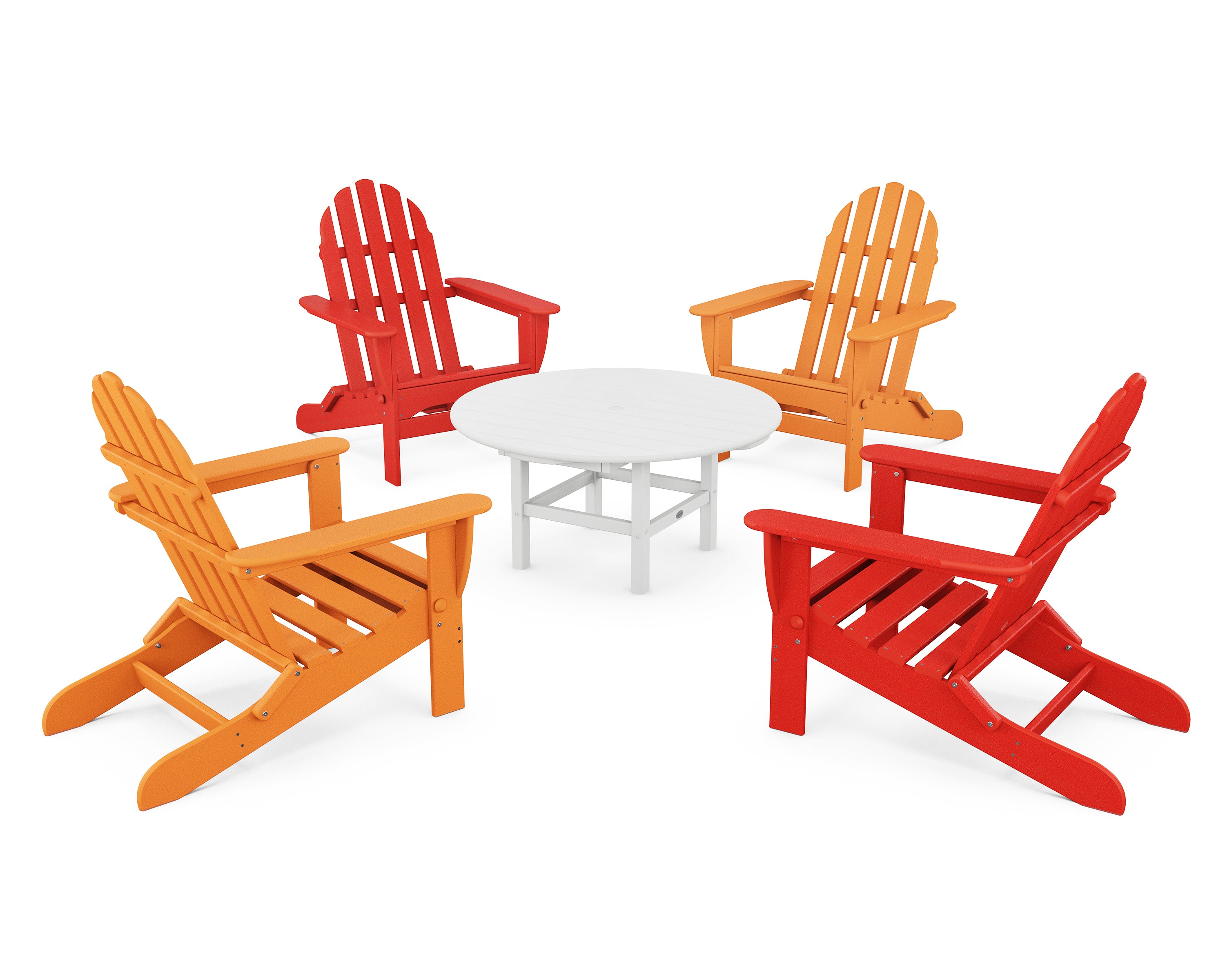 POLYWOOD® Classic Folding Adirondack 5-Piece Conversation Group in Tangerine / Sunset Red / White