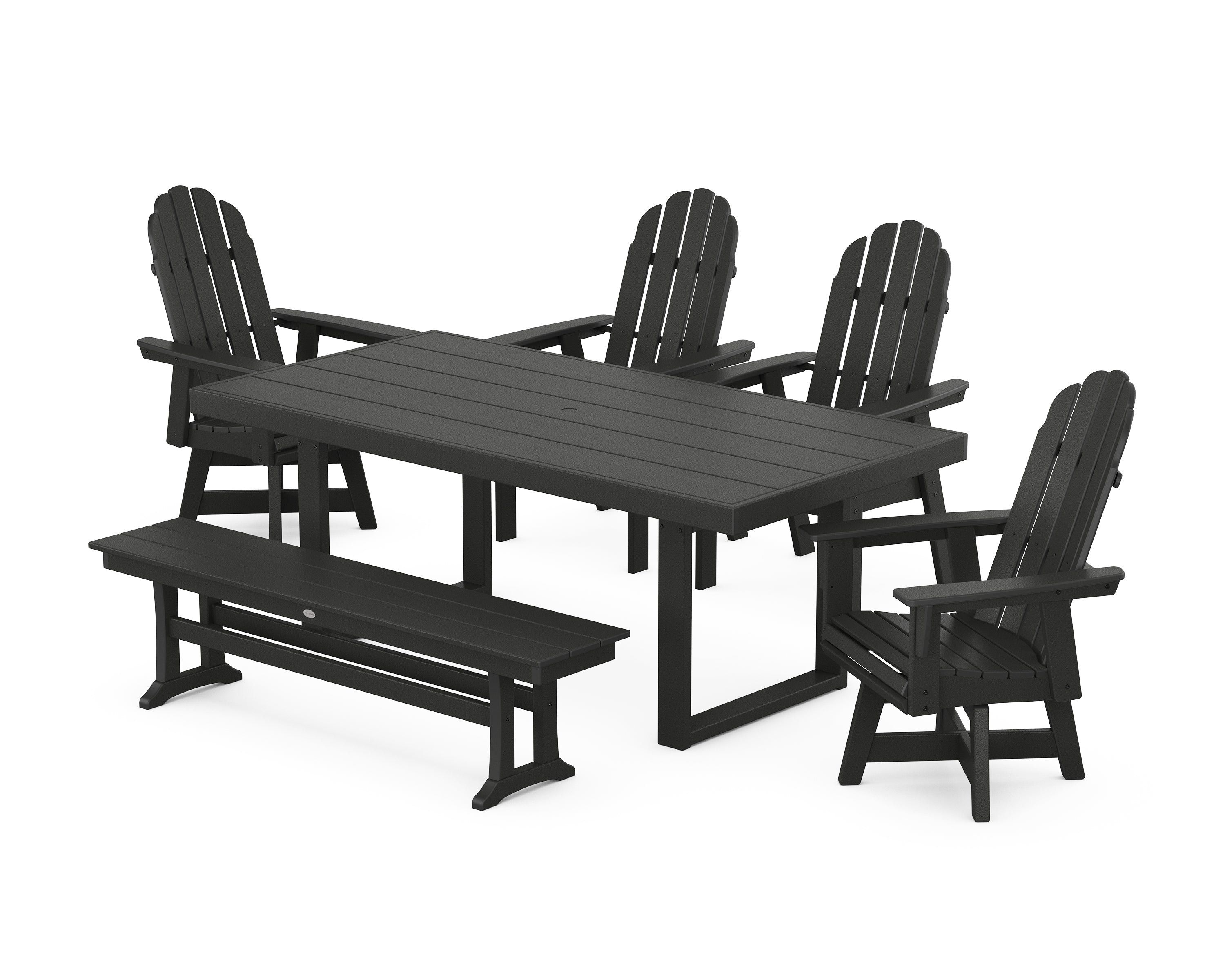 POLYWOOD® Vineyard Curveback Adirondack Swivel Chair 6-Piece Dining Set with Bench in Black