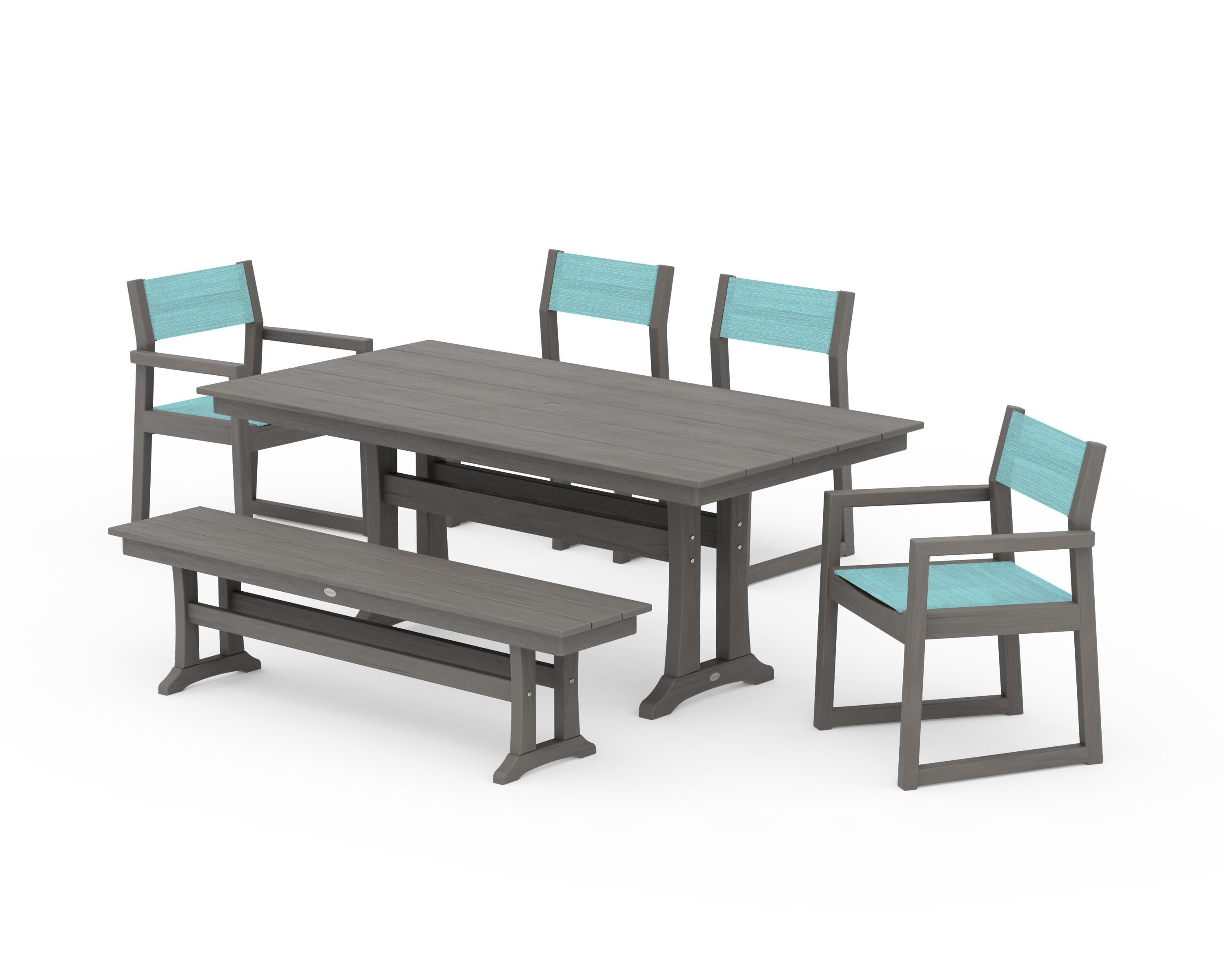POLYWOOD EDGE Sling 6-Piece Farmhouse Dining Set With Trestle Legs in Driftwood / Dupioni Aquamarine Sling