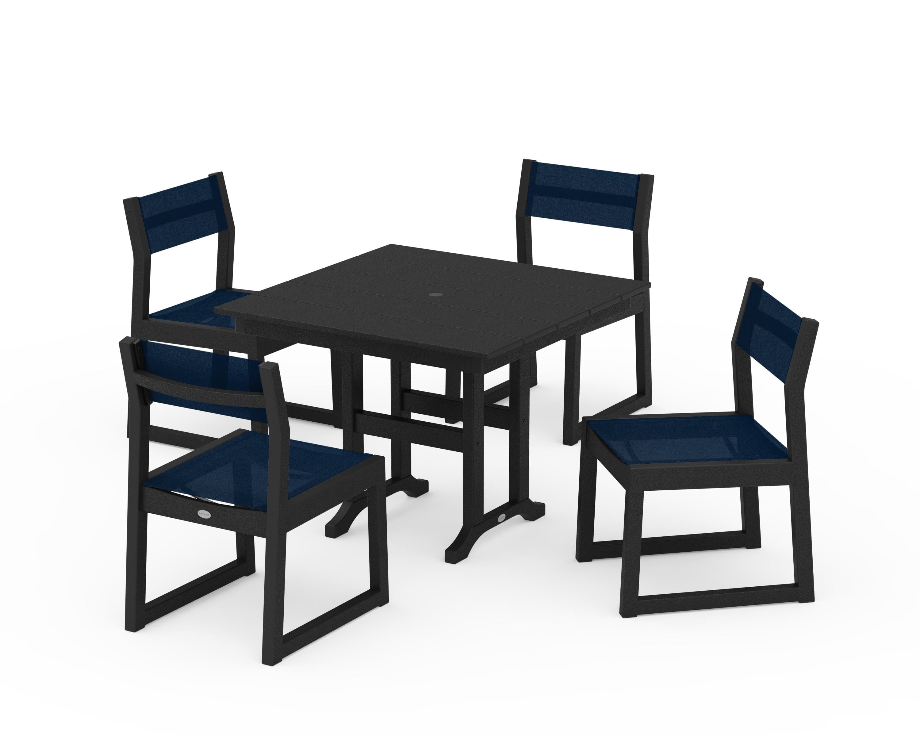 POLYWOOD EDGE Sling Side Chair 5-Piece Farmhouse Dining Set in Black / Navy Blue Sling