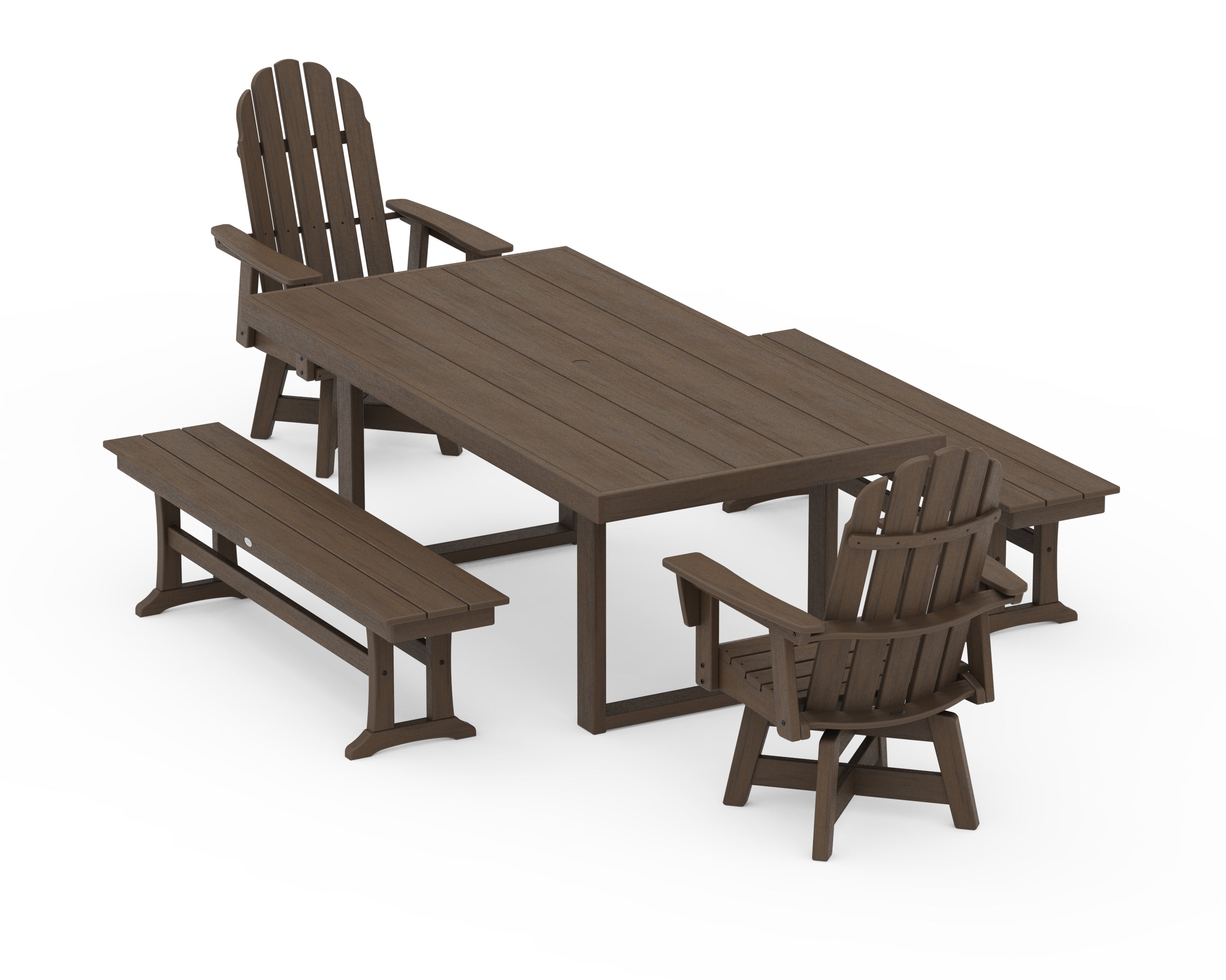 POLYWOOD Vineyard Curveback Adirondack Swivel Chair 5-Piece Dining Set with Benches in Kona