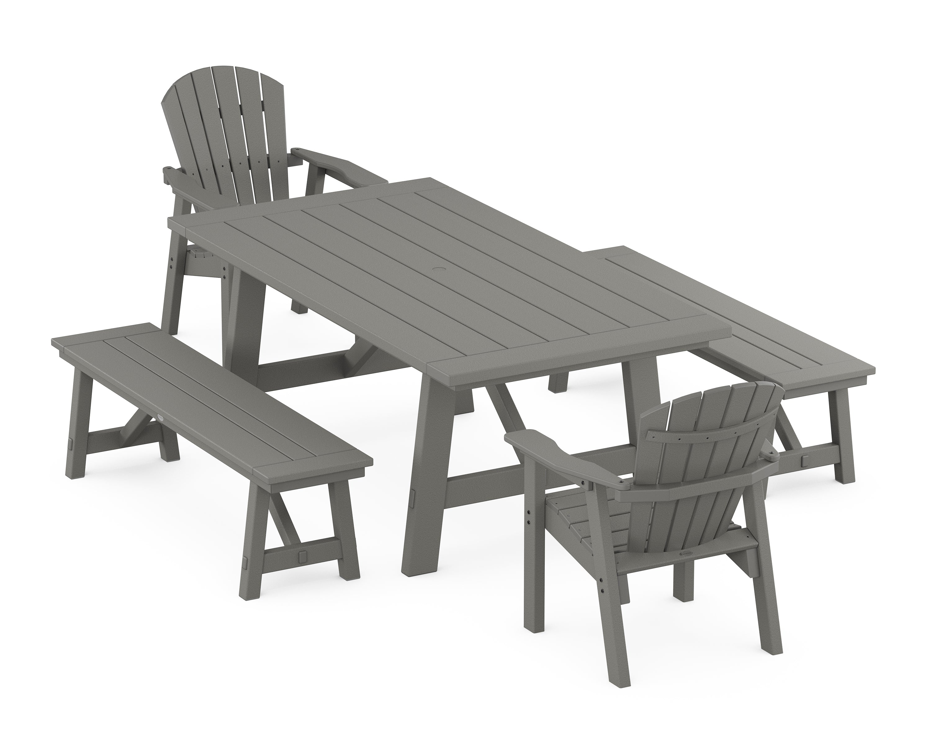 POLYWOOD® Seashell 5-Piece Rustic Farmhouse Dining Set With Benches in Slate Grey