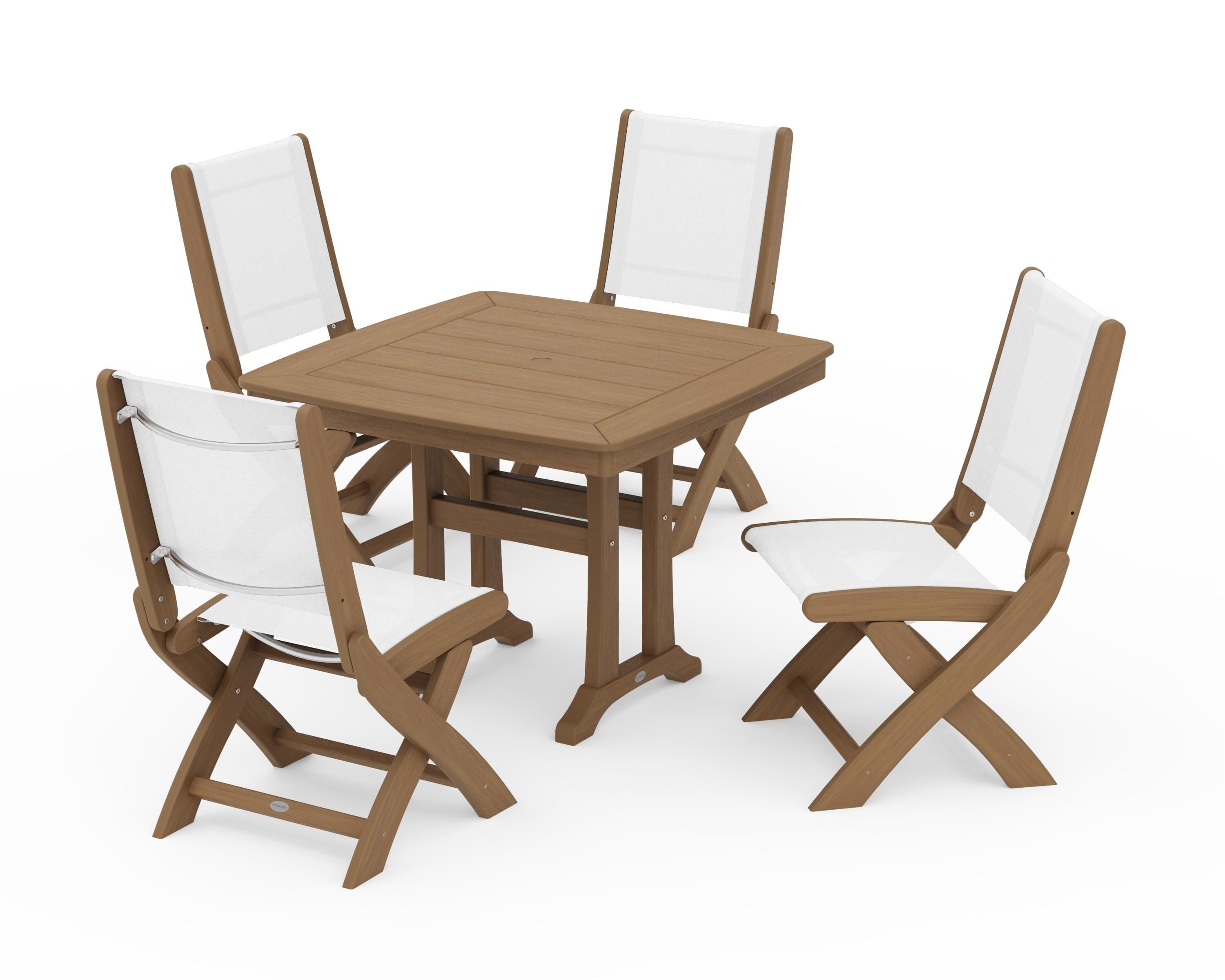 POLYWOOD Coastal Folding Side Chair 5-Piece Dining Set with Trestle Legs in Natural / White Sling