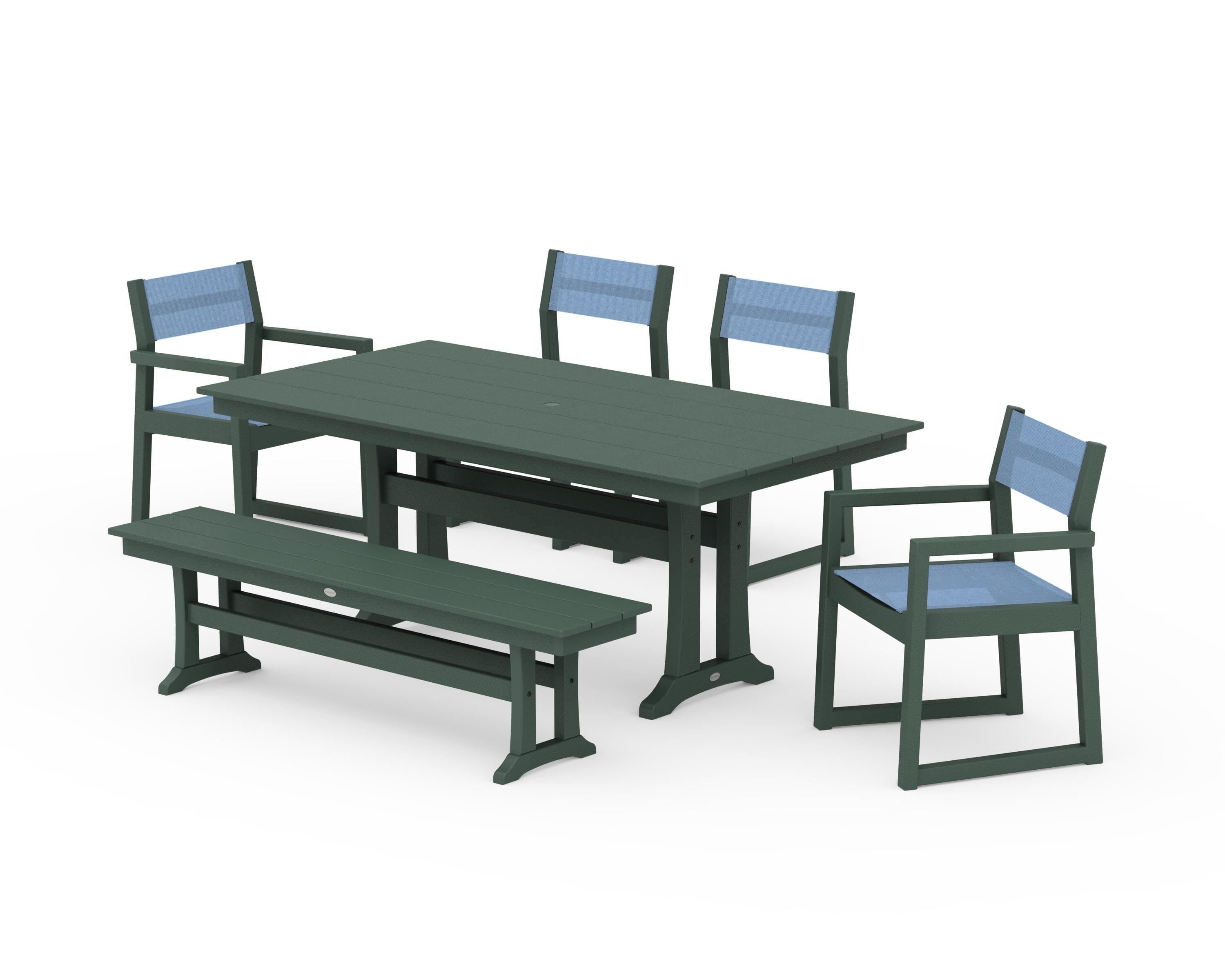 POLYWOOD EDGE Sling 6-Piece Farmhouse Dining Set With Trestle Legs in Green / Poolside Sling