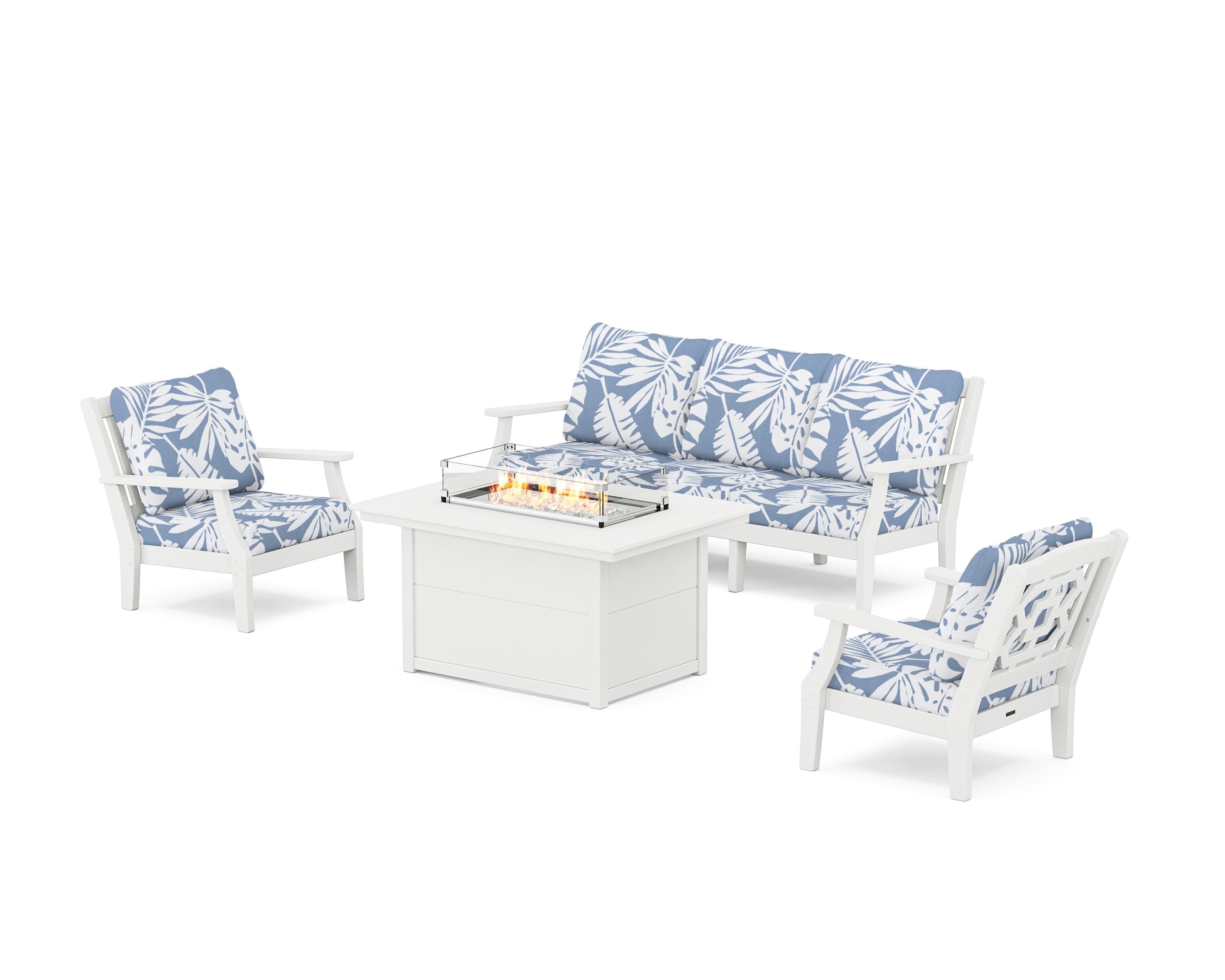 Martha Stewart by POLYWOOD Chinoiserie Deep Seating Fire Pit Table Set in White / Leaf Sky Blue