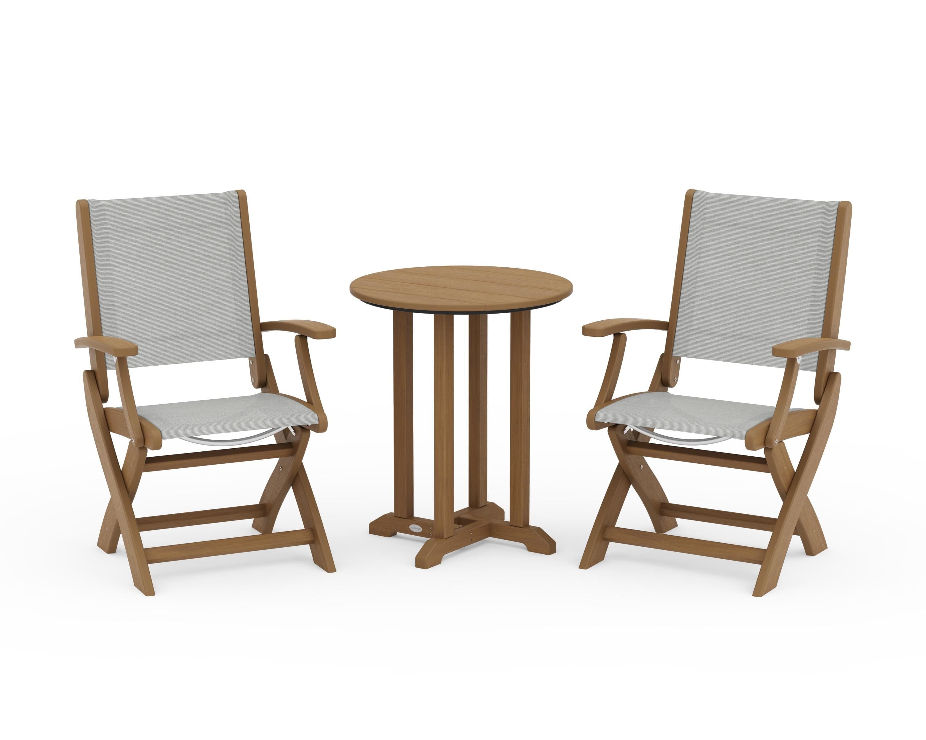 POLYWOOD Coastal Folding 3-Piece Round Bistro Dining Set in Natural / Metallic Sling