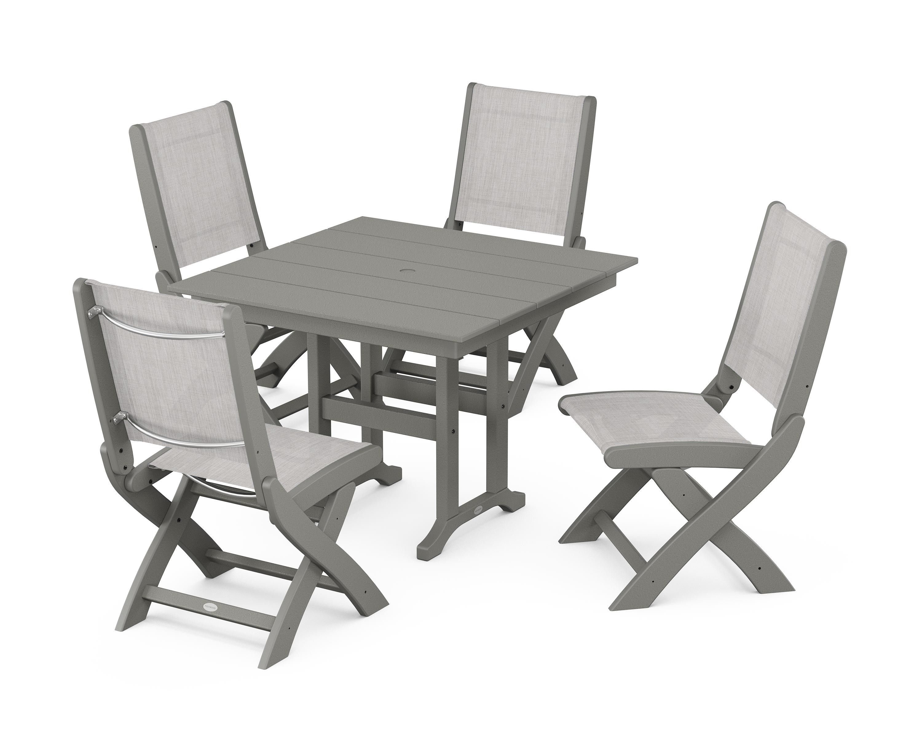 POLYWOOD Coastal Folding Side Chair 5-Piece Farmhouse Dining Set in Slate Grey / Parchment Sling
