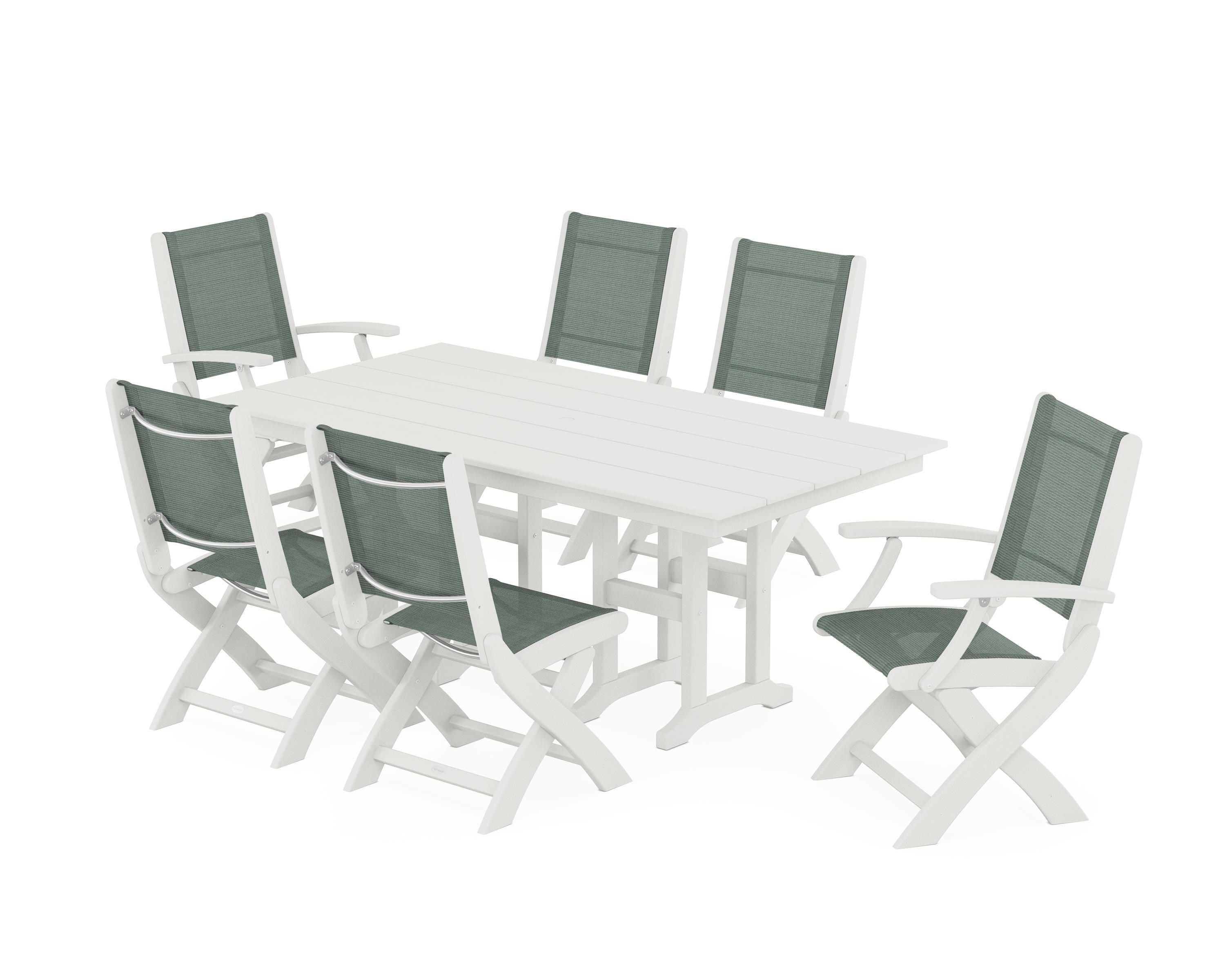 POLYWOOD Coastal Folding Chair 7-Piece Farmhouse Dining Set in Vintage White / Dupioni Sea Mist Sling