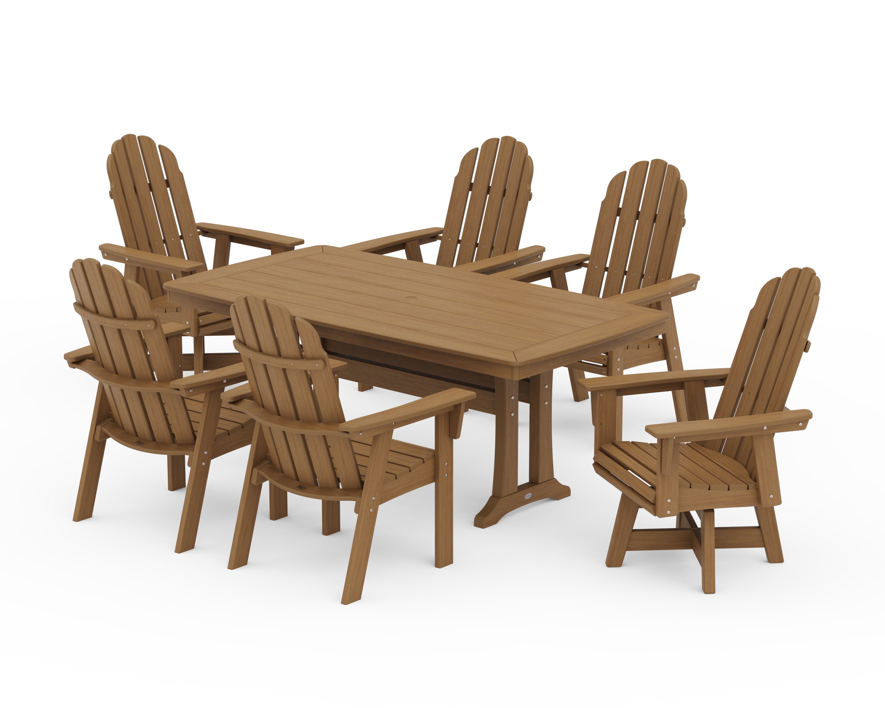 POLYWOOD Vineyard Curveback Adirondack Swivel Chair 7-Piece Dining Set with Trestle Legs in Natural