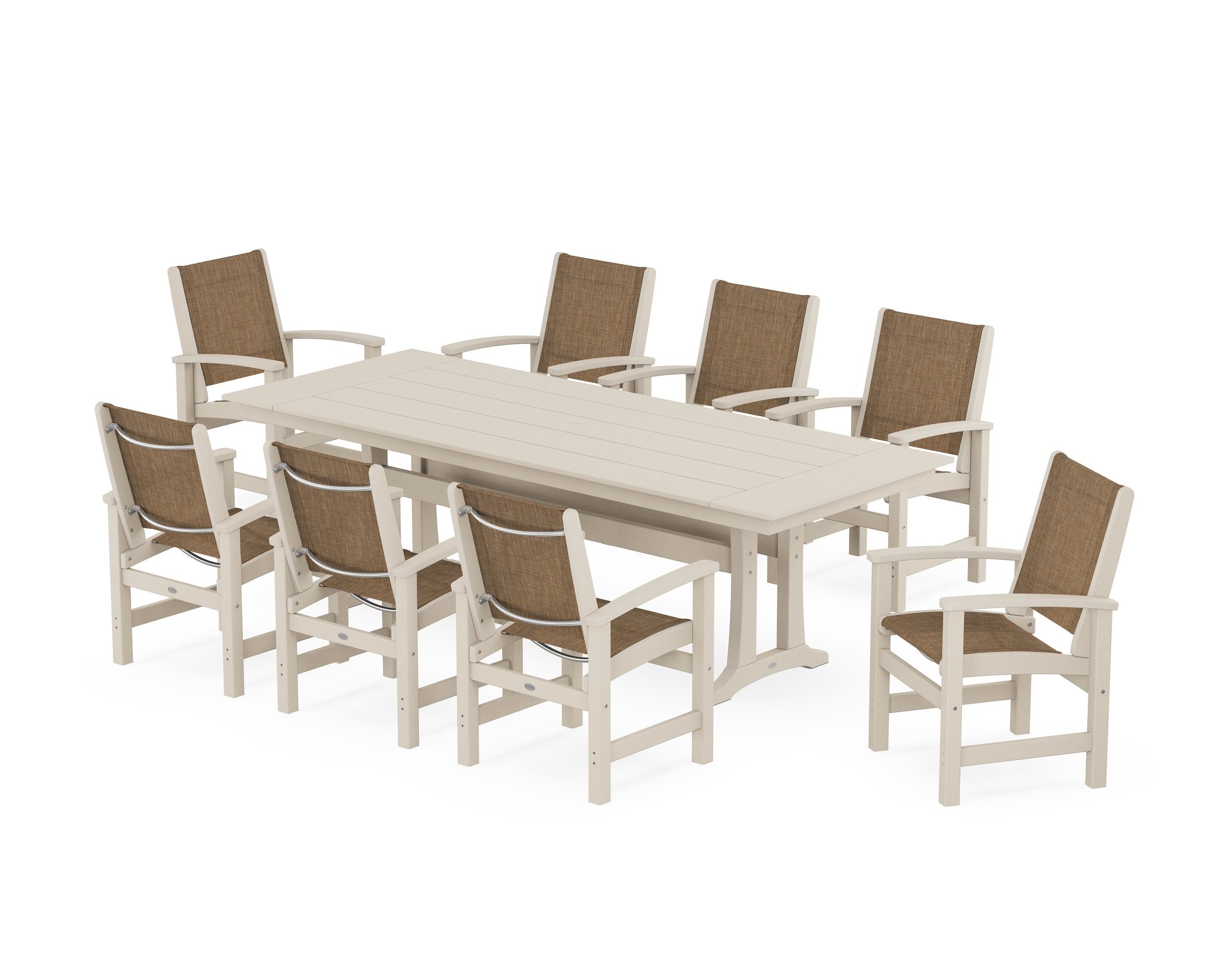 POLYWOOD Coastal 9-Piece Farmhouse Dining Set with Trestle Legs in Sand / Burlap Sling