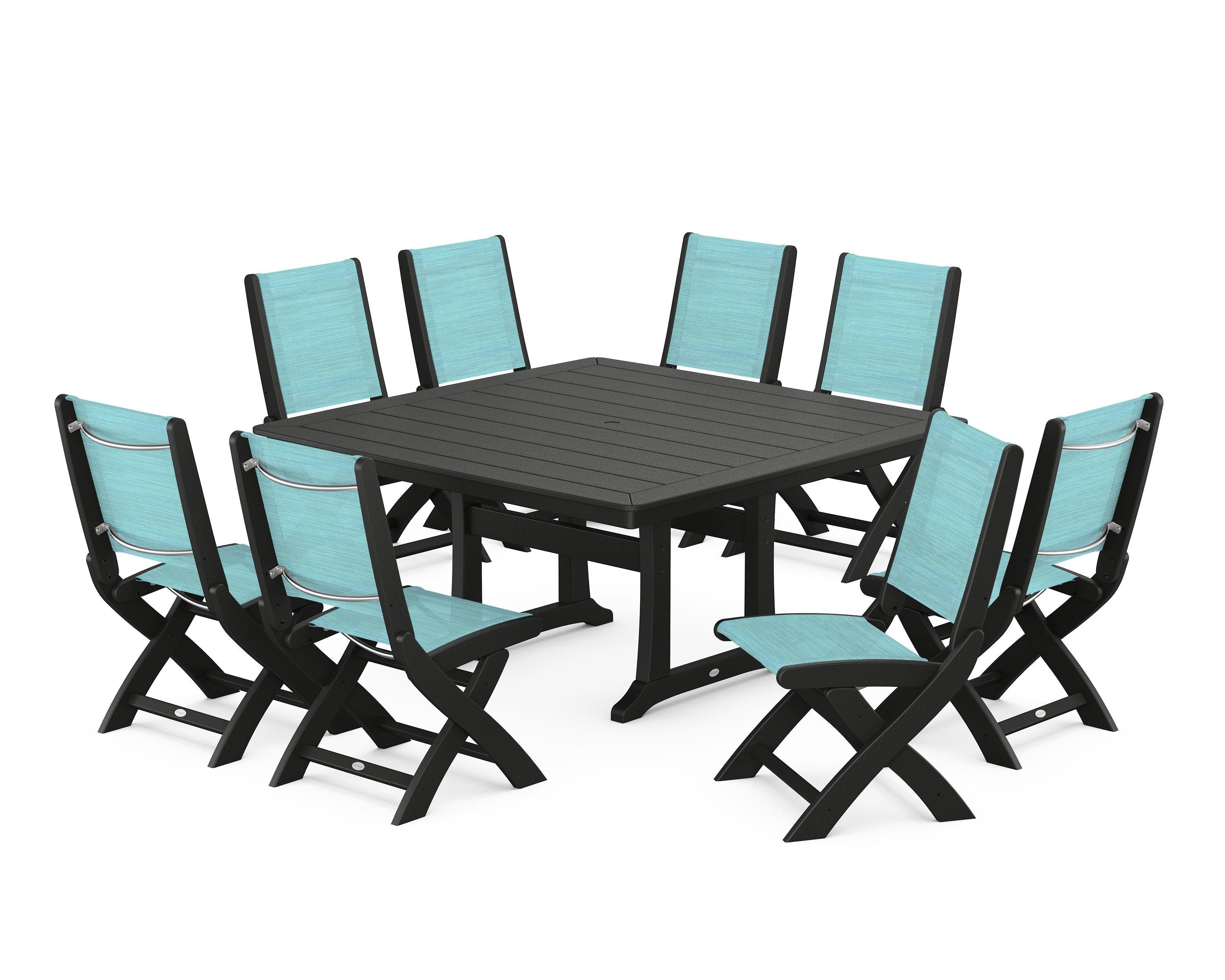 POLYWOOD Coastal Folding Side Chair 9-Piece Dining Set with Trestle Legs in Black / Dupioni Aquamarine Sling