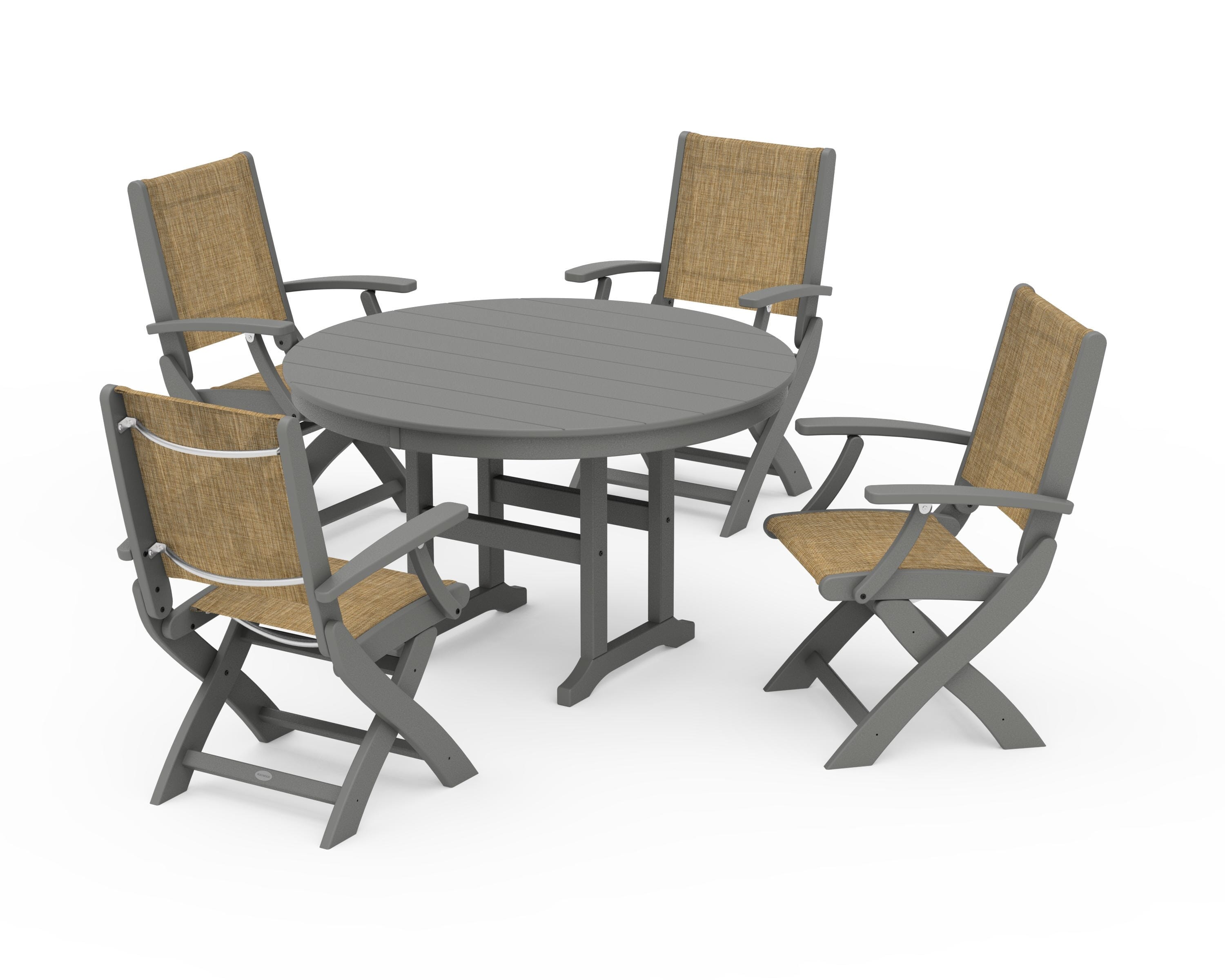 POLYWOOD Coastal Folding Chair 5-Piece Round Dining Set in Slate Grey / Burlap Sling