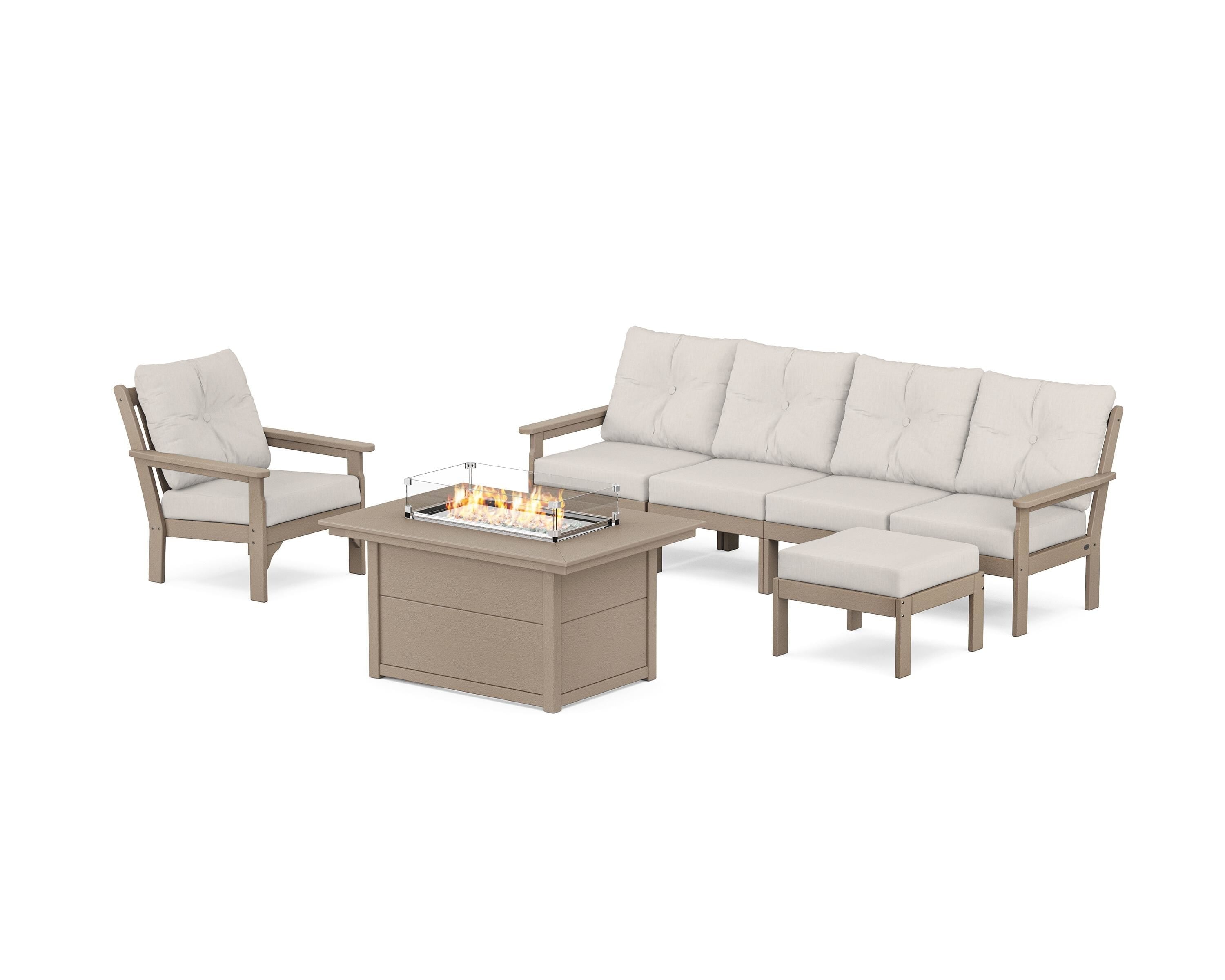 POLYWOOD Vineyard Sectional Lounge and Fire Pit Set in Vintage Sahara / Cast Ash