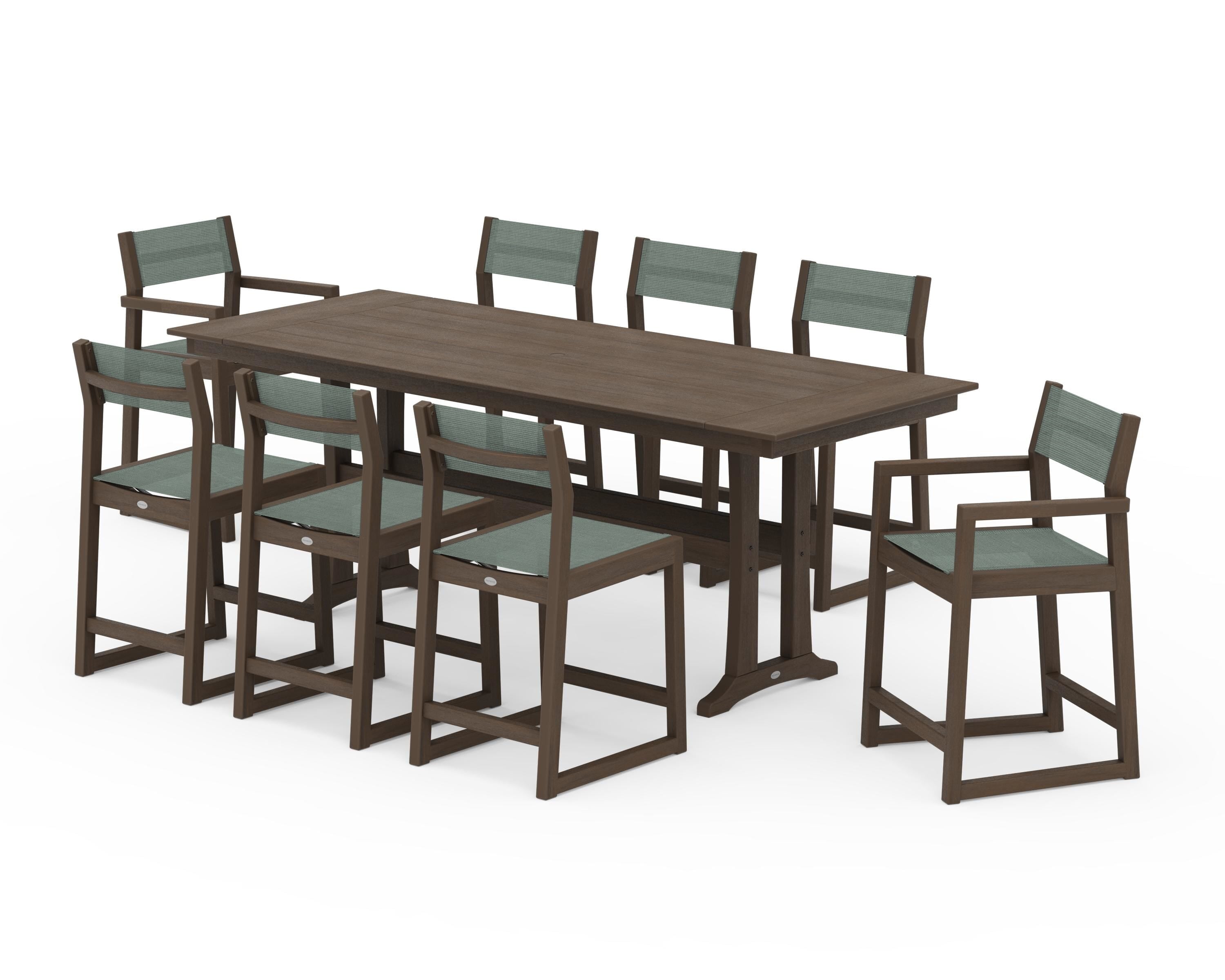 POLYWOOD EDGE Sling 9-Piece Farmhouse Counter Set with Trestle Legs in Kona / Dupioni Sea Mist Sling