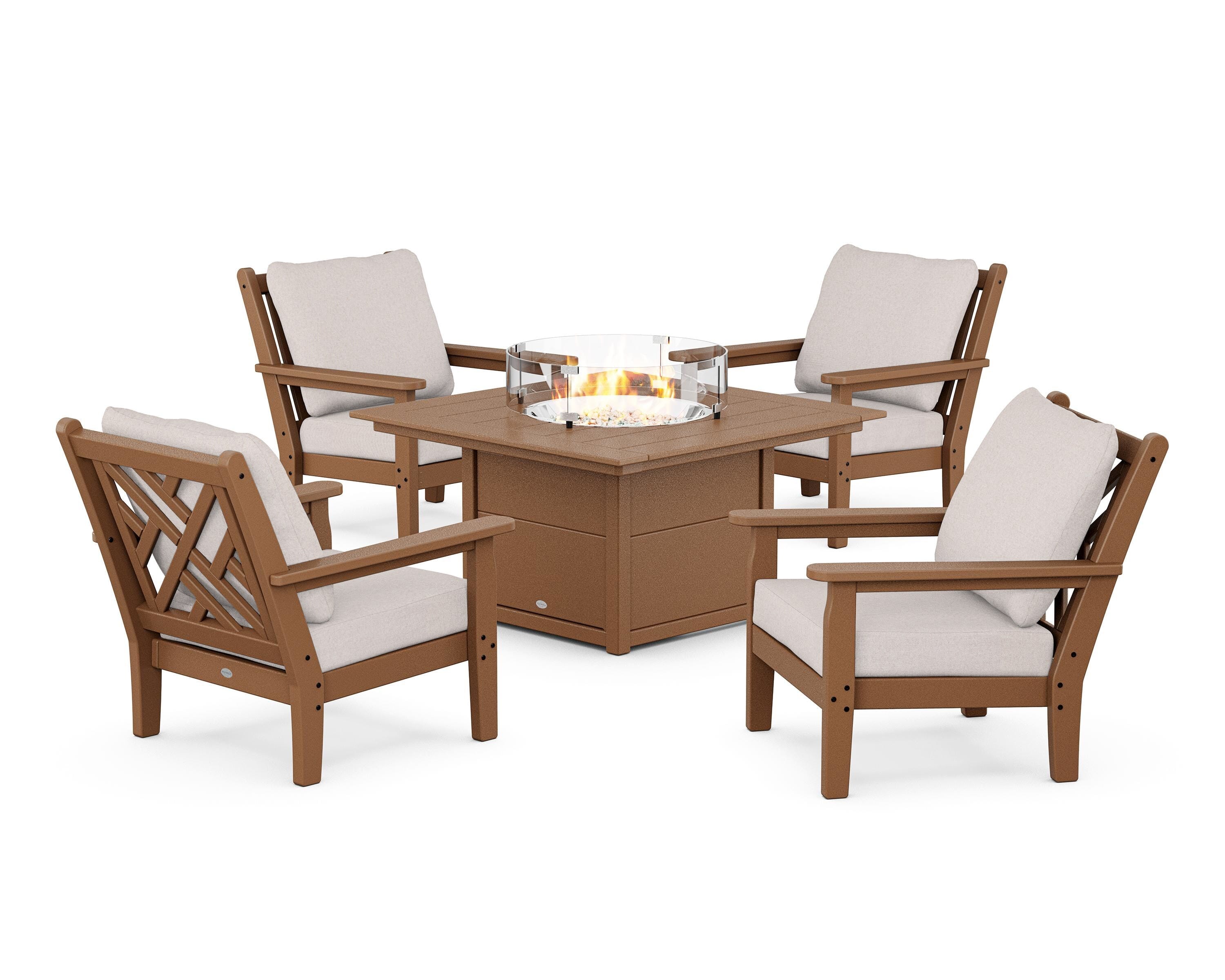 POLYWOOD Chippendale 5-Piece Deep Seating Set with Fire Pit Table in Teak / Dune Burlap