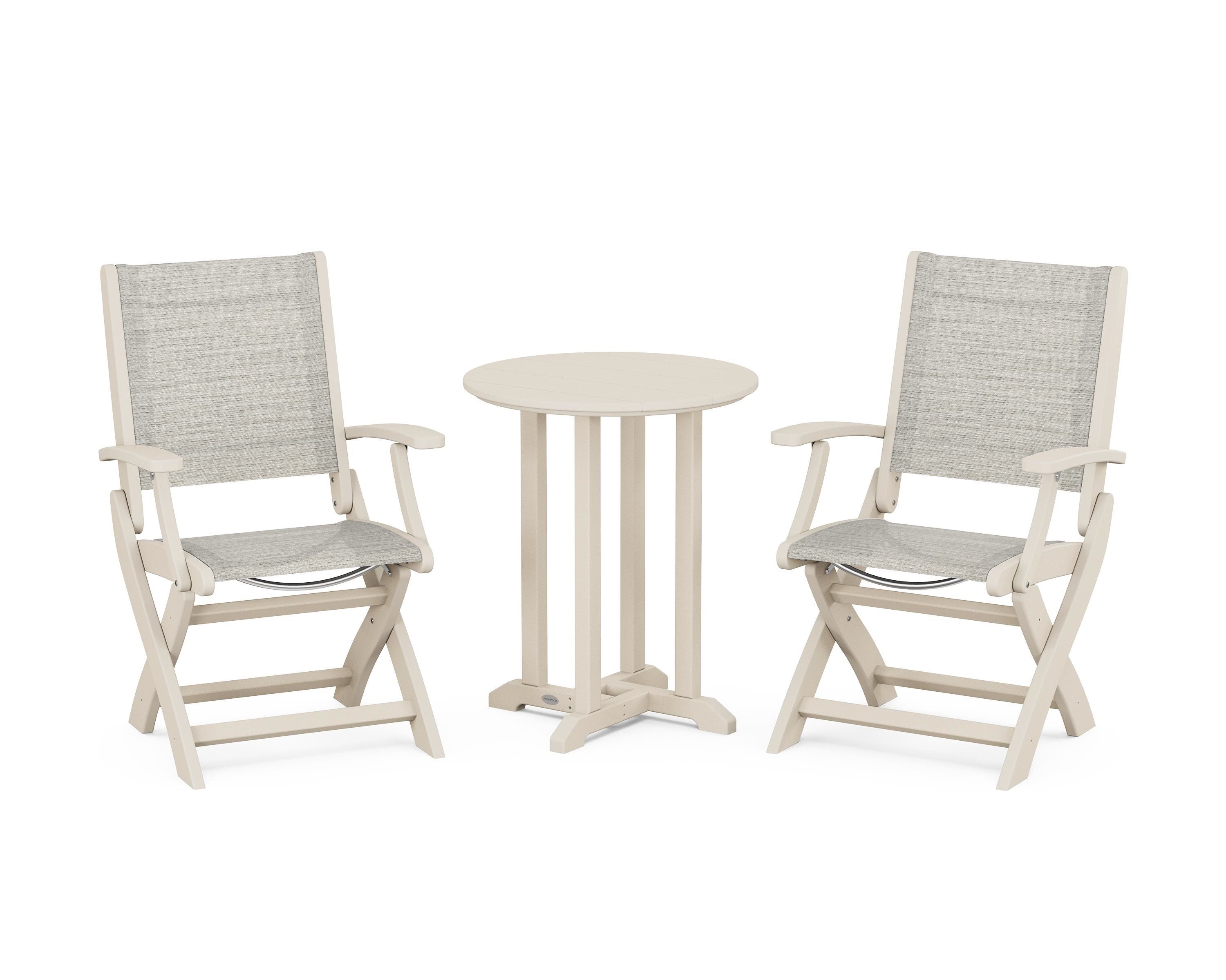POLYWOOD Coastal Folding 3-Piece Round Bistro Dining Set in Sand / Birch Sling