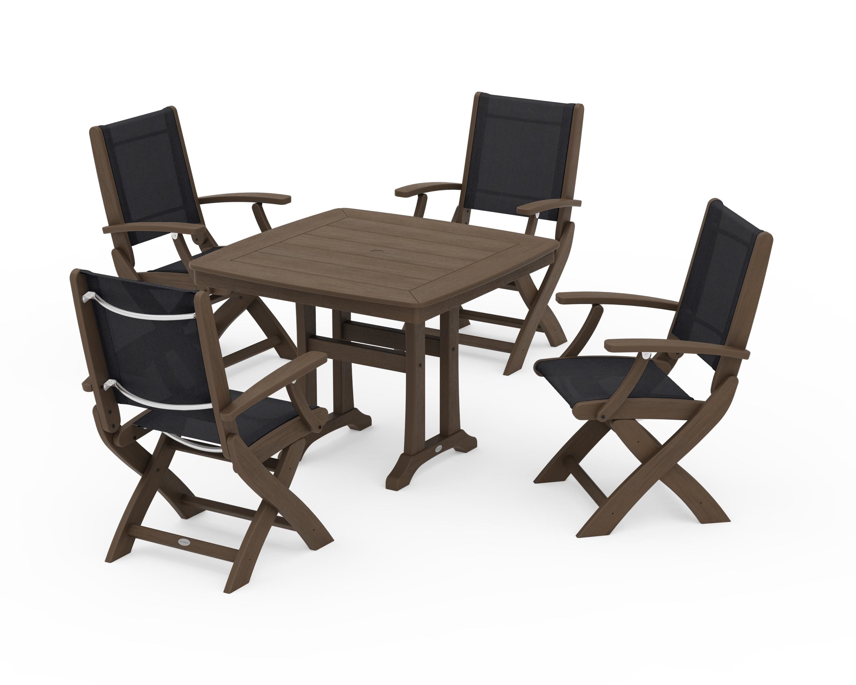 POLYWOOD Coastal Folding Chair 5-Piece Dining Set with Trestle Legs in Kona / Black Sling