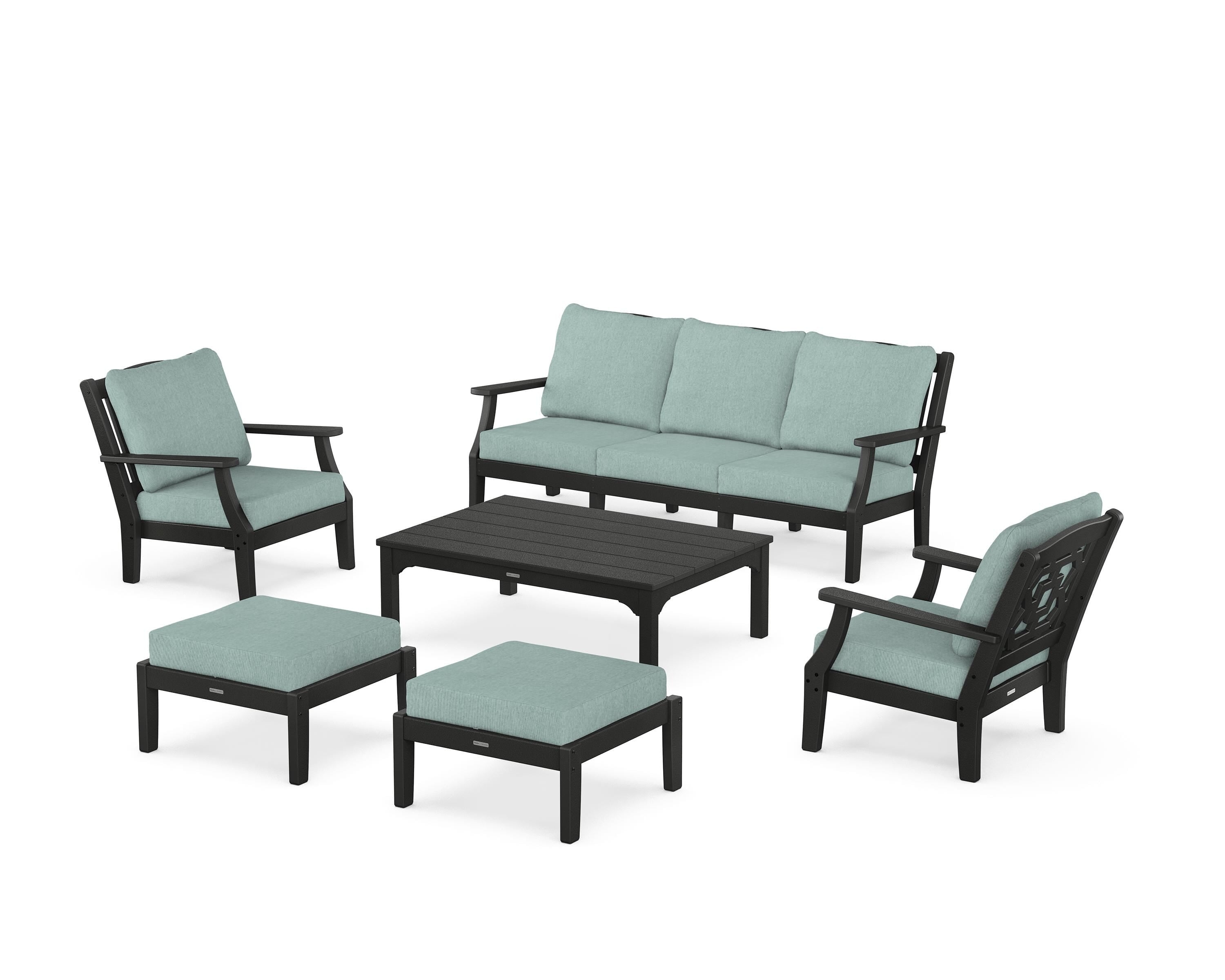 Martha Stewart by POLYWOOD Chinoiserie 6-Piece Lounge Sofa Set in Black / Glacier Spa