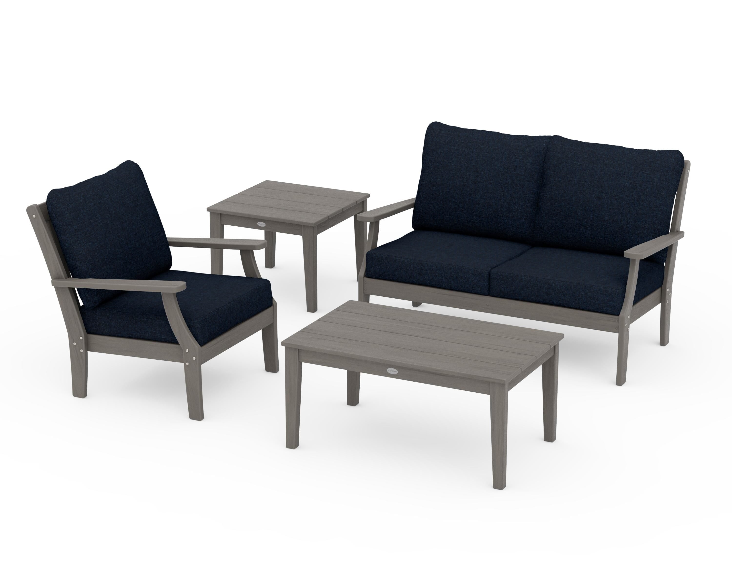 POLYWOOD Braxton 4-Piece Deep Seating Set in Driftwood / Marine Indigo