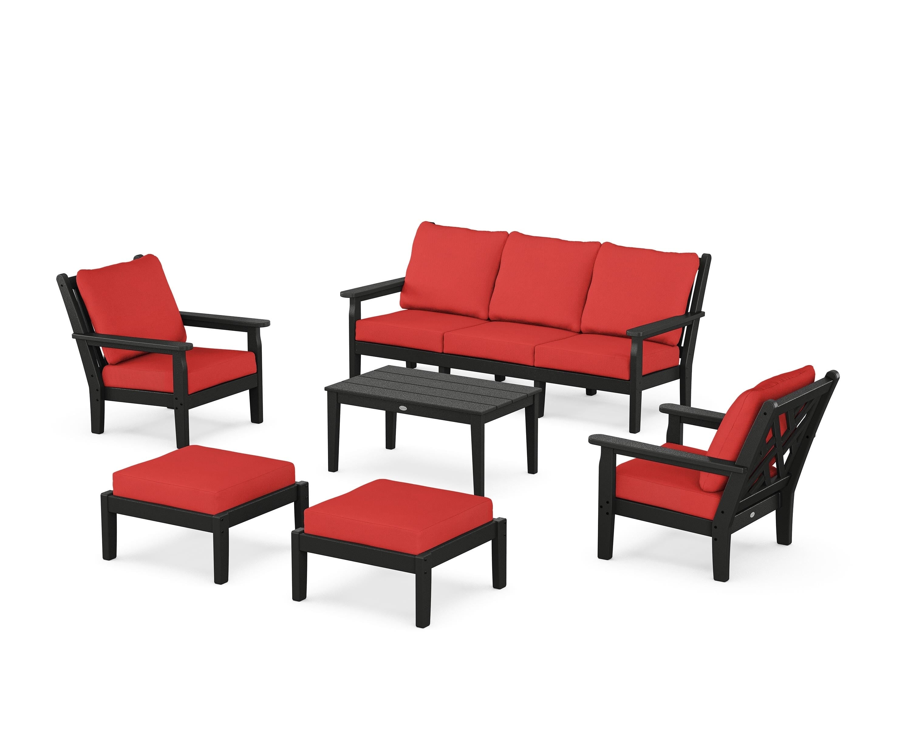 POLYWOOD Chippendale 6-Piece Lounge Sofa Set in Black / Crimson Linen