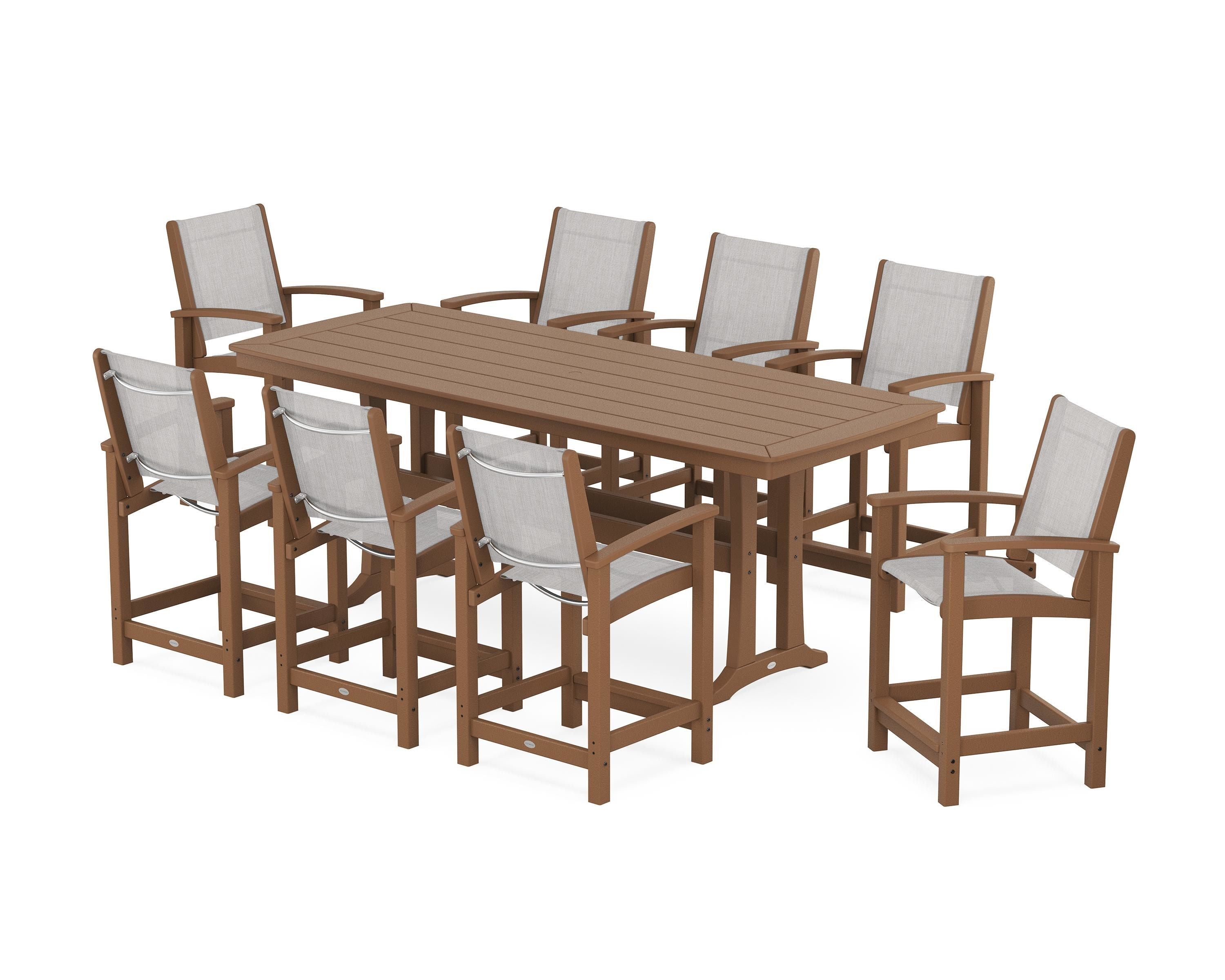 POLYWOOD Coastal 9-Piece Counter Set with Trestle Legs in Teak / Parchment Sling
