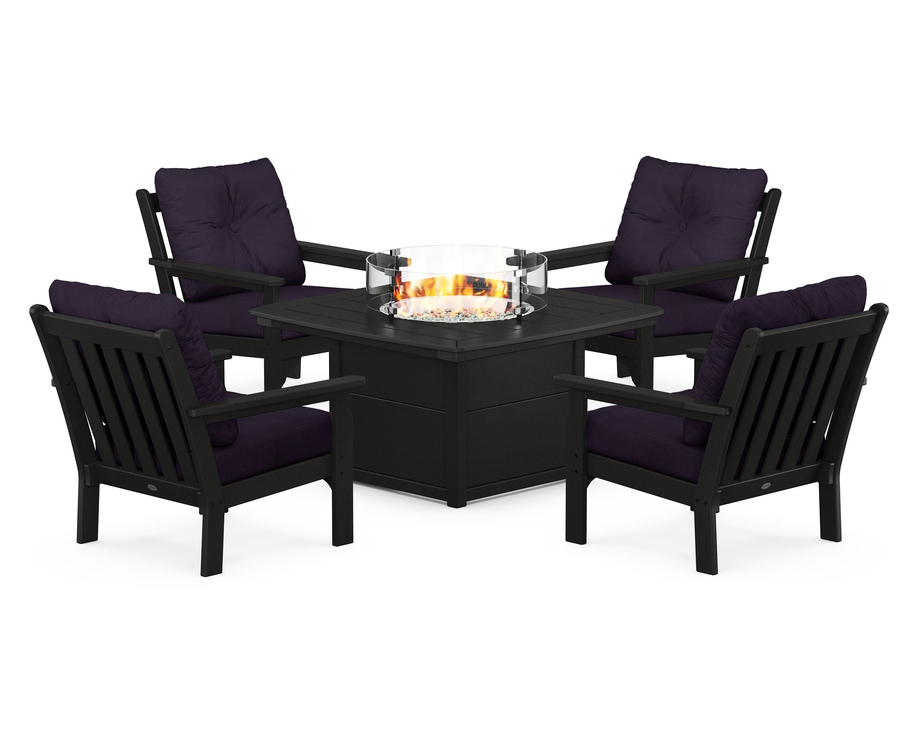 POLYWOOD Vineyard 5-Piece Conversation Set with Fire Pit Table in Black / Navy Linen