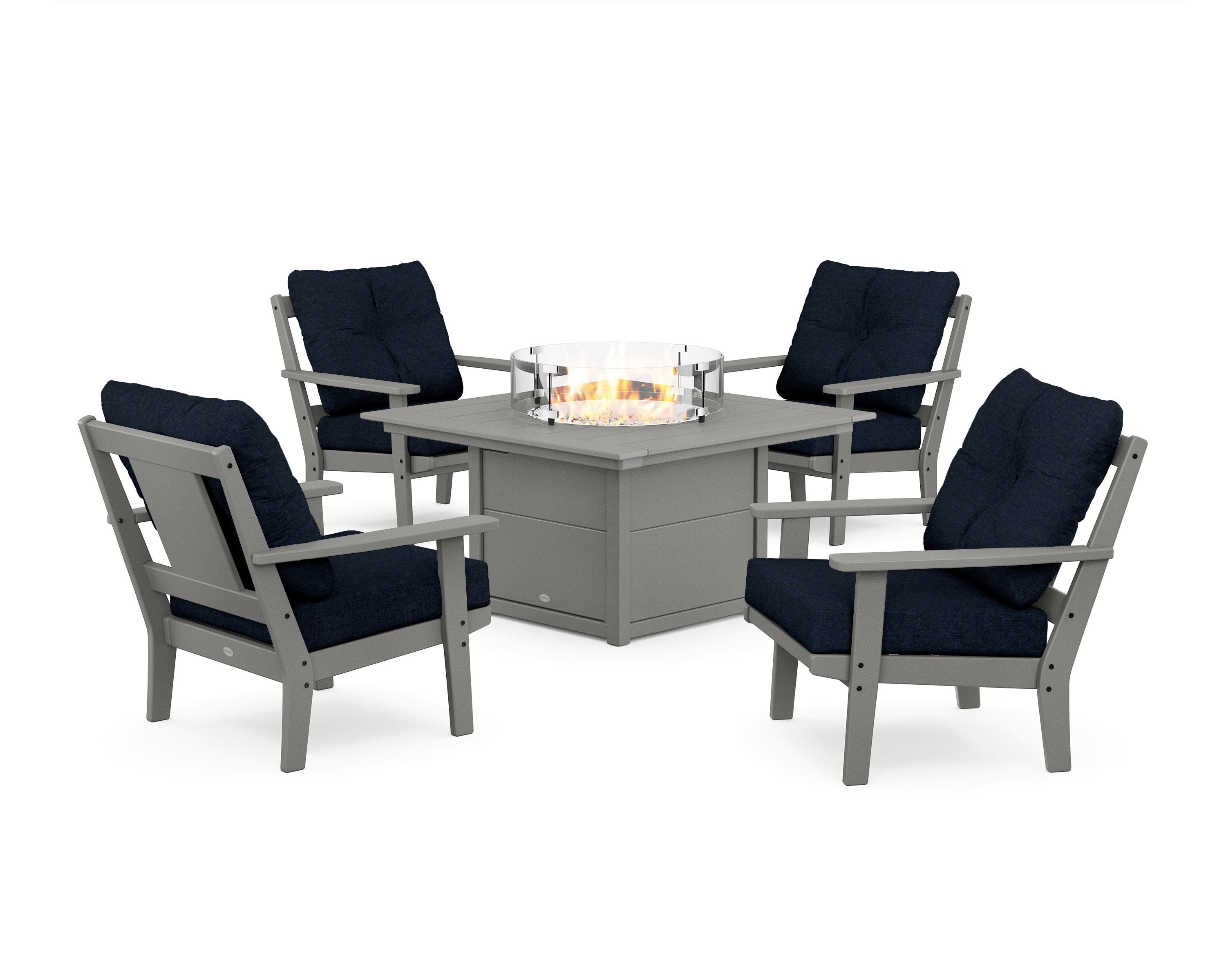 POLYWOOD Prairie 5-Piece Deep Seating Set with Fire Pit Table in Slate Grey / Marine Indigo