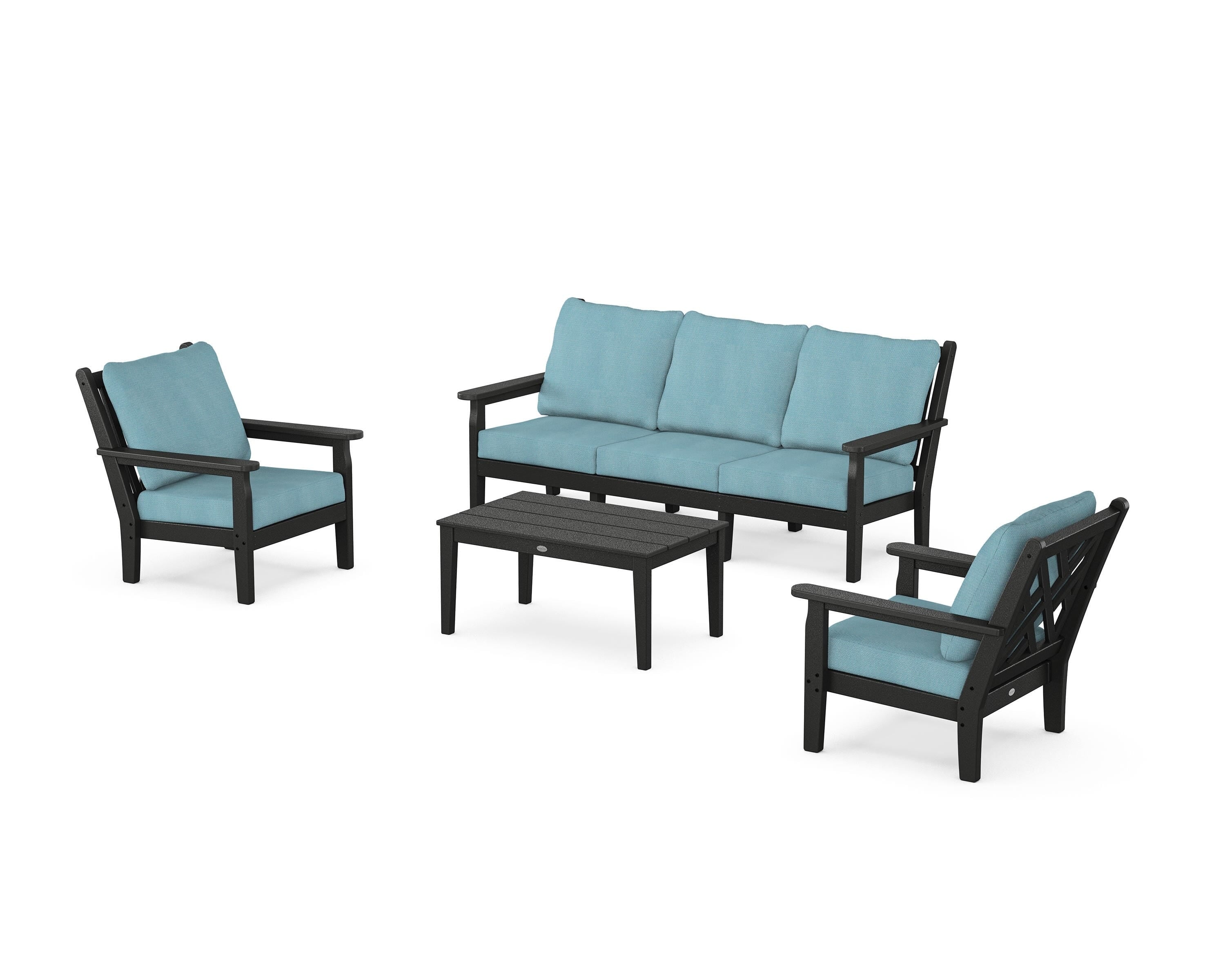 POLYWOOD Chippendale 4-Piece Deep Seating Set with Sofa in Black / Lattice Sky Blue
