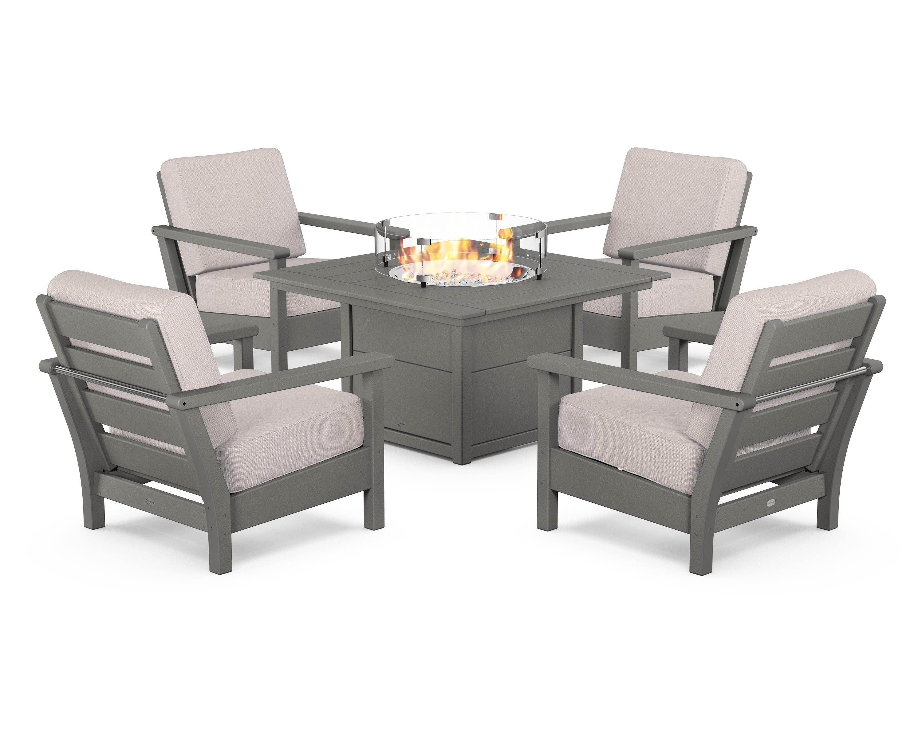 POLYWOOD Harbour 5-Piece Conversation Set with Fire Pit Table in Slate Grey / Dune Burlap
