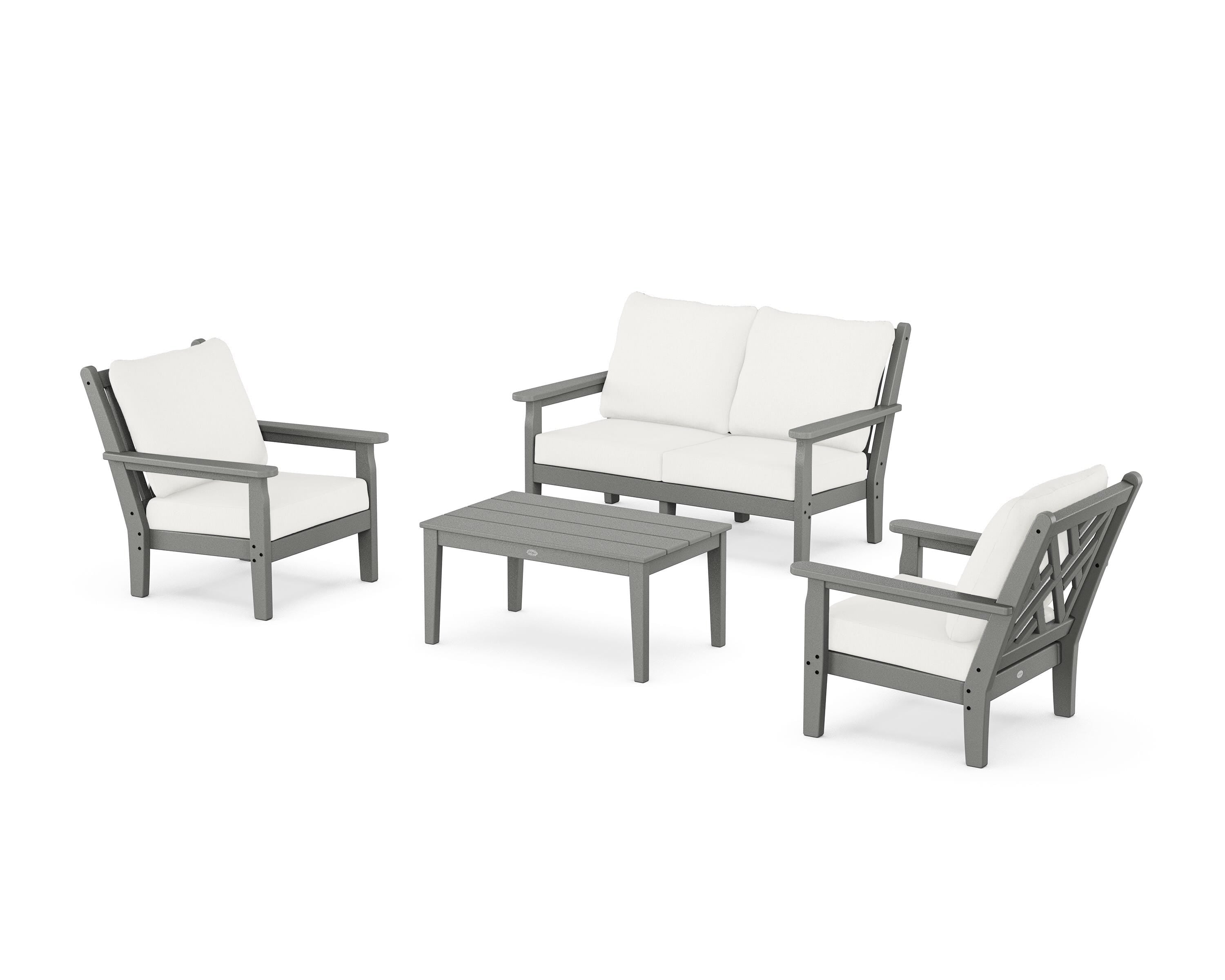 POLYWOOD Chippendale 4-Piece Deep Seating Set with Loveseat in Slate Grey / Natural Linen