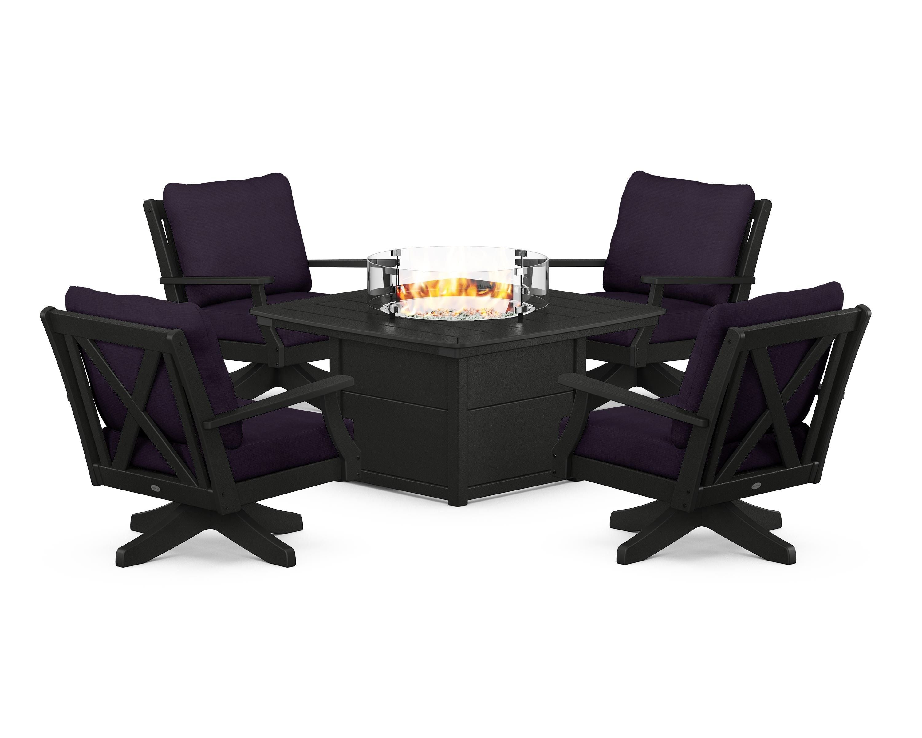 POLYWOOD Braxton 5-Piece Deep Seating Swivel Conversation Set with Fire Pit Table in Black / Navy Linen