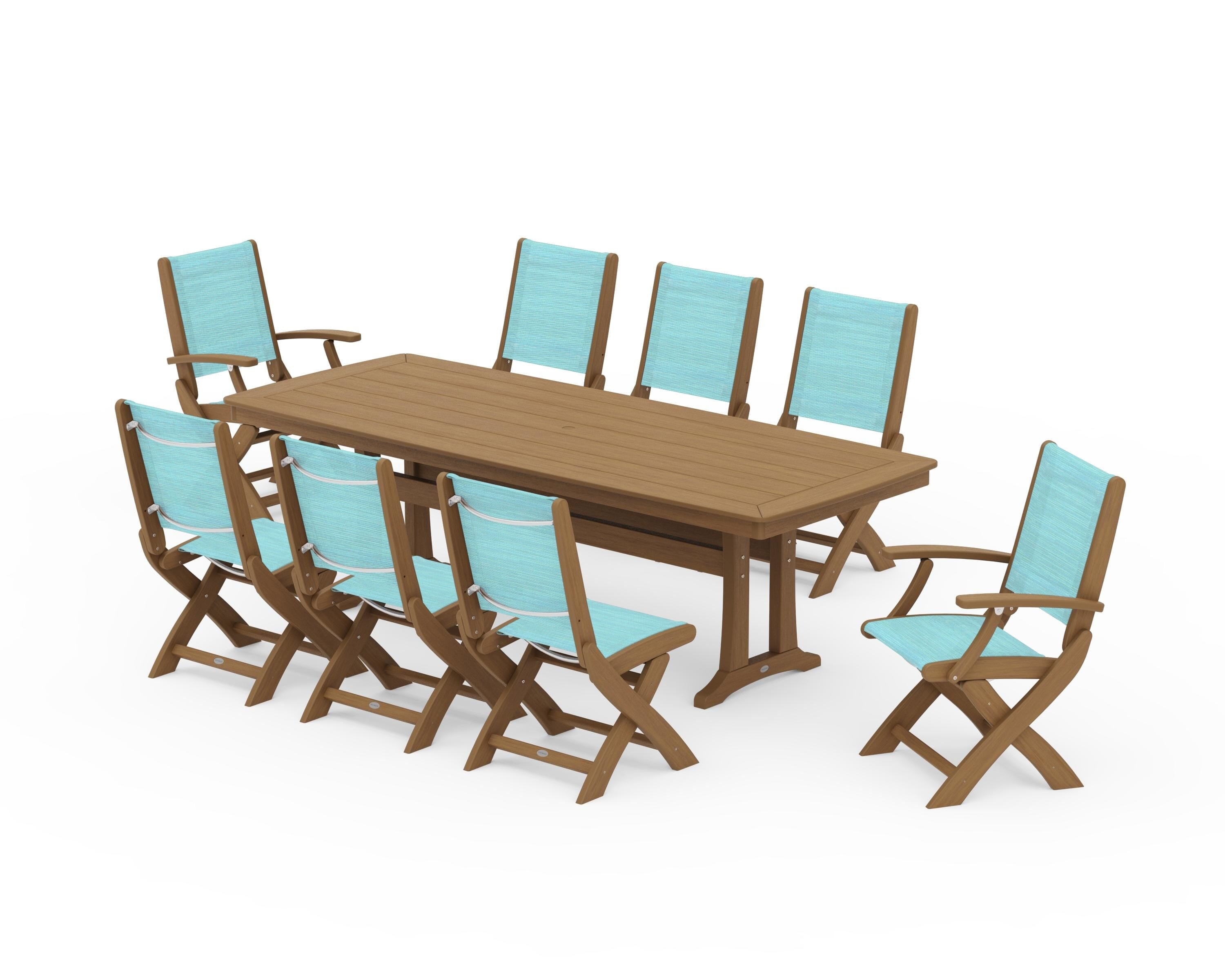 POLYWOOD Coastal Folding 9-Piece Dining Set with Trestle Legs in Natural / Dupioni Aquamarine Sling