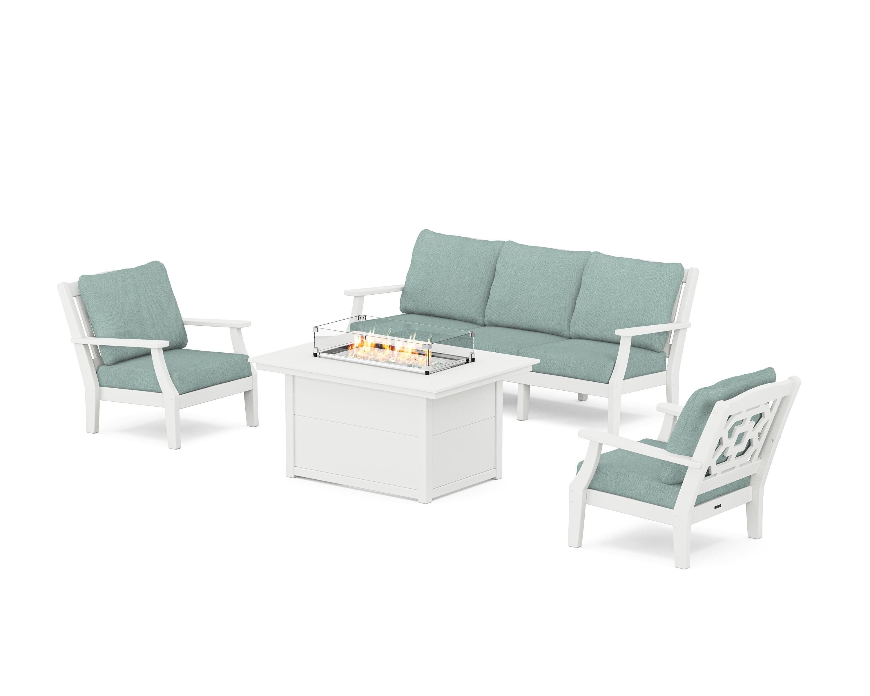 Martha Stewart by POLYWOOD Chinoiserie Deep Seating Fire Pit Table Set in White / Glacier Spa