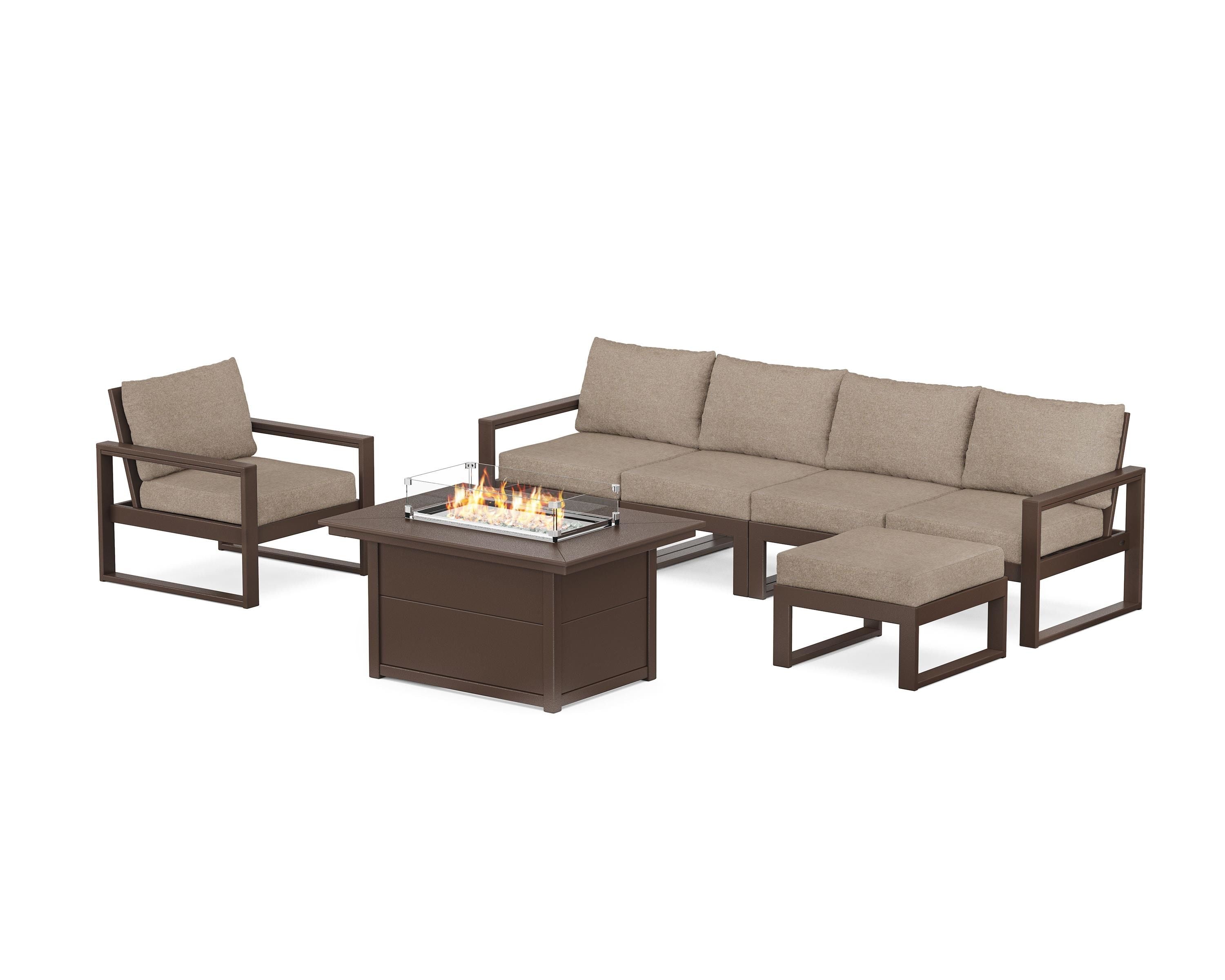 POLYWOOD EDGE Sectional Lounge and Fire Pit Set in Mahogany / Spiced Burlap