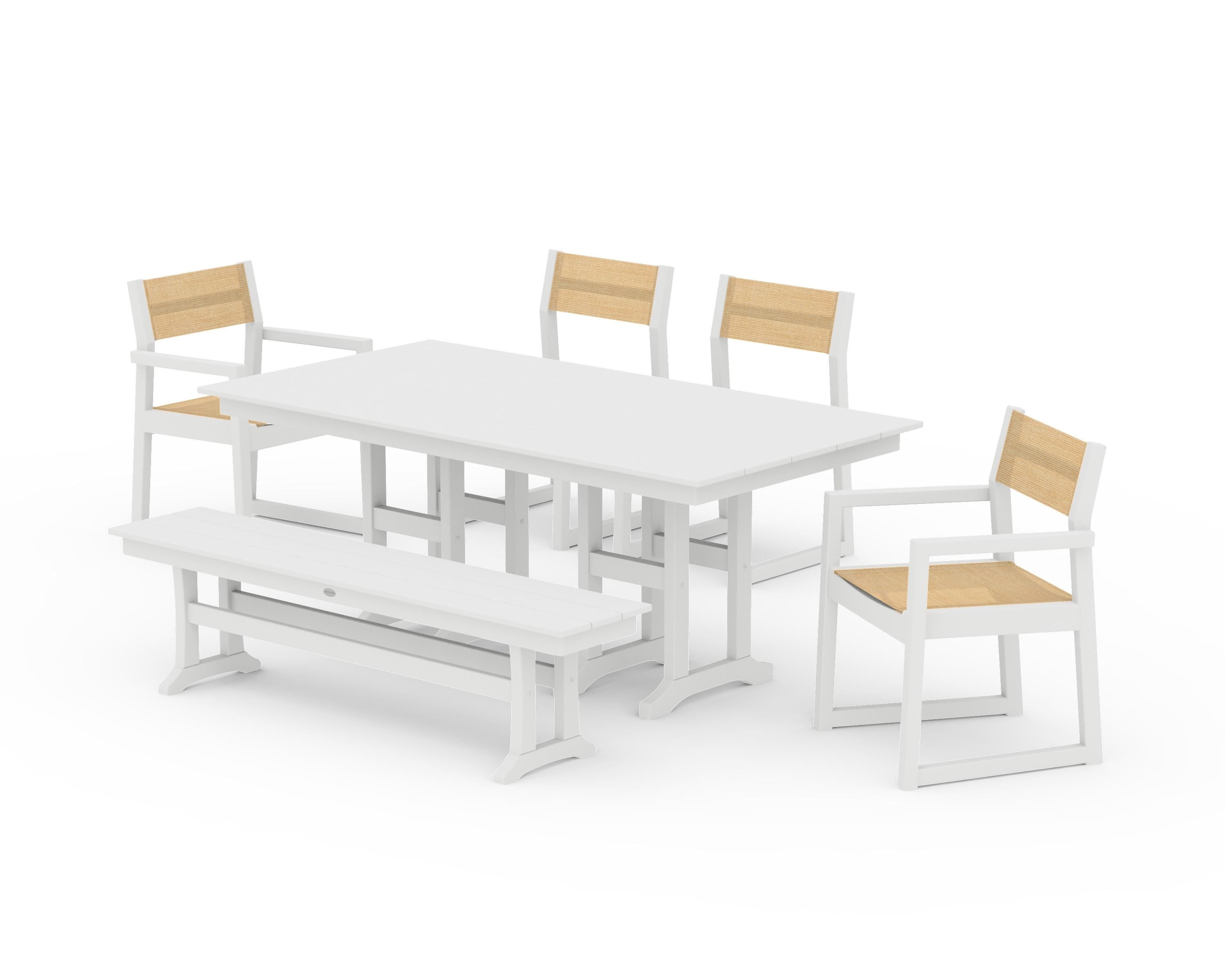 POLYWOOD EDGE Sling 6-Piece Farmhouse Dining Set in White / Dupioni Apricot Sling