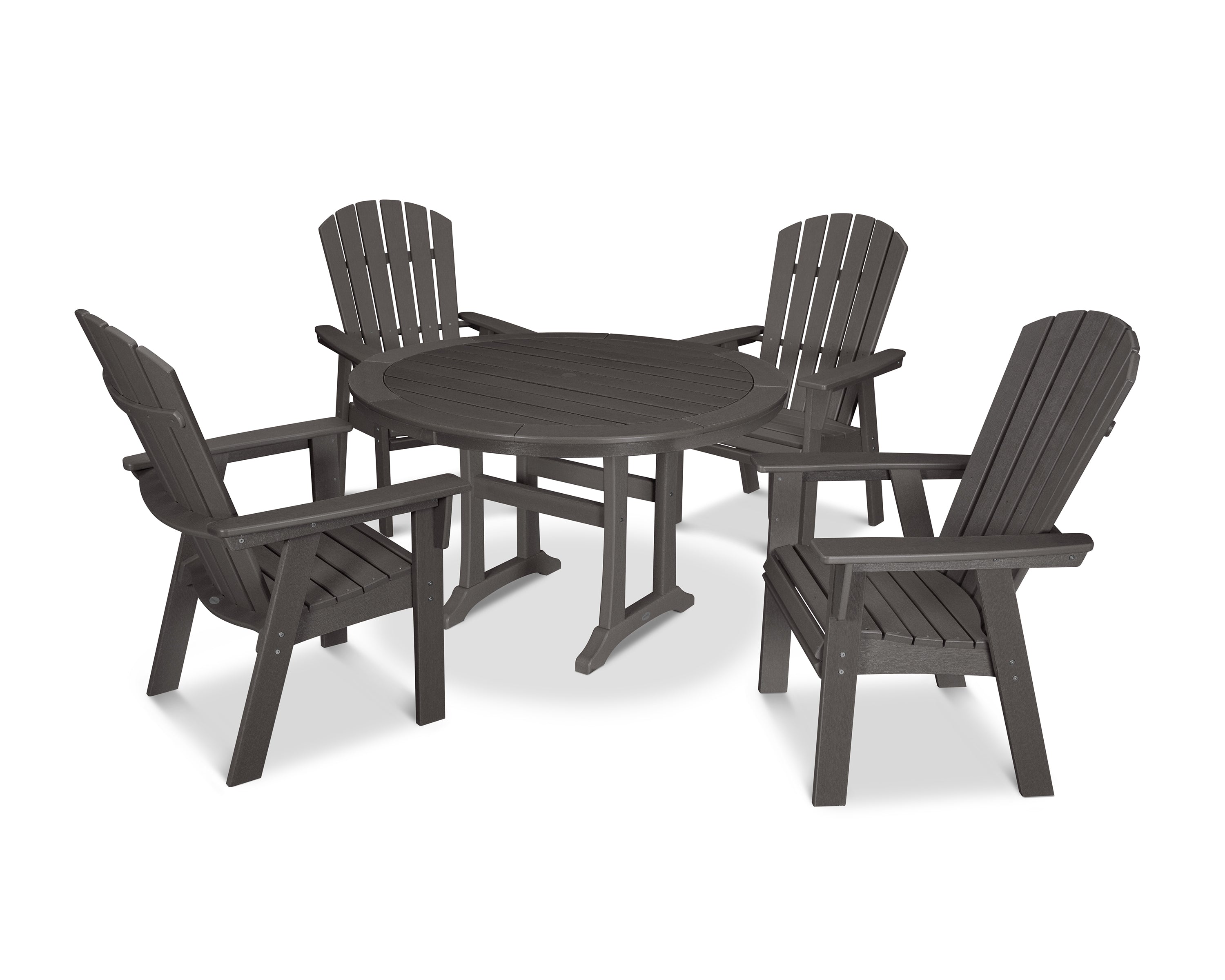 POLYWOOD® Nautical Curveback Adirondack 5-Piece Round Dining Set with Trestle Legs in Vintage Coffee