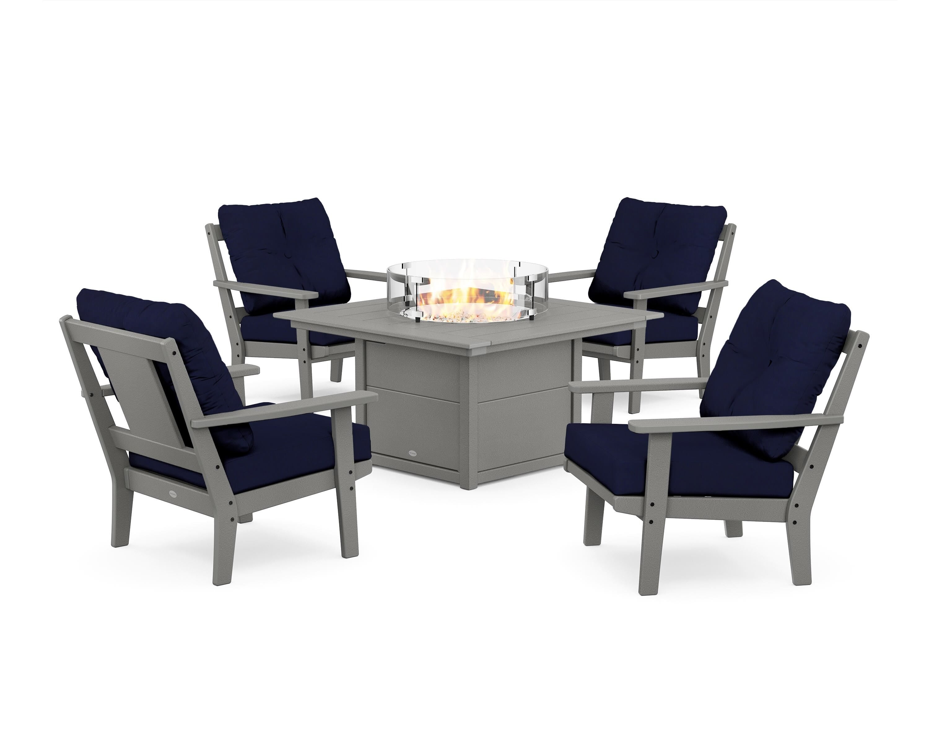 POLYWOOD Prairie 5-Piece Deep Seating Set with Fire Pit Table in Slate Grey / Navy